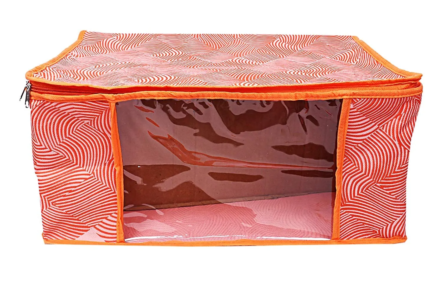 Heart Home Lahariya Design Non-woven Sarees, Clothes Cover/Organizer With Transparent Window- Pack of 3 (Orange)-44HH0378