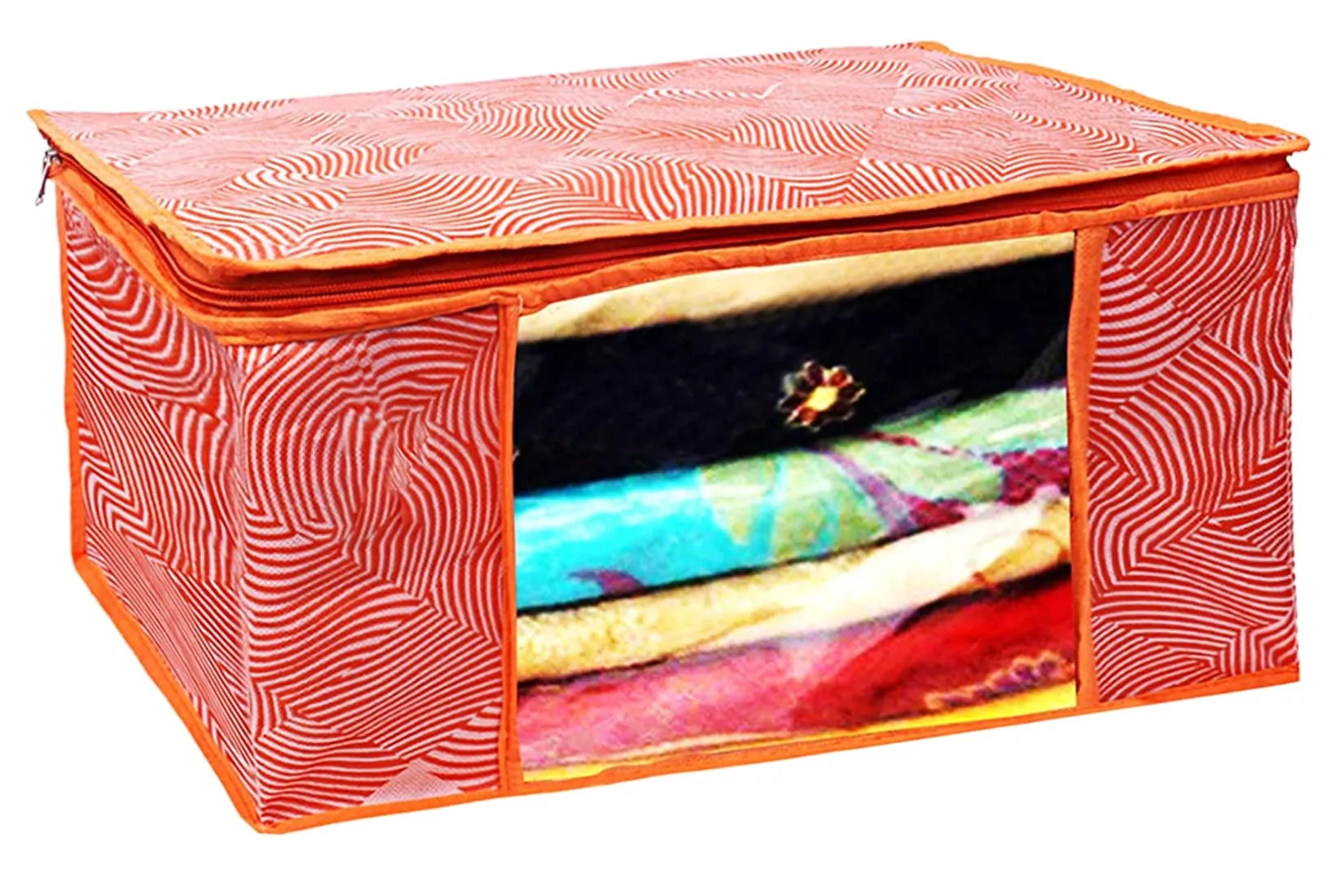 Heart Home Lahariya Design Non-woven Sarees, Clothes Cover/Organizer With Transparent Window- Pack of 3 (Orange)-44HH0378