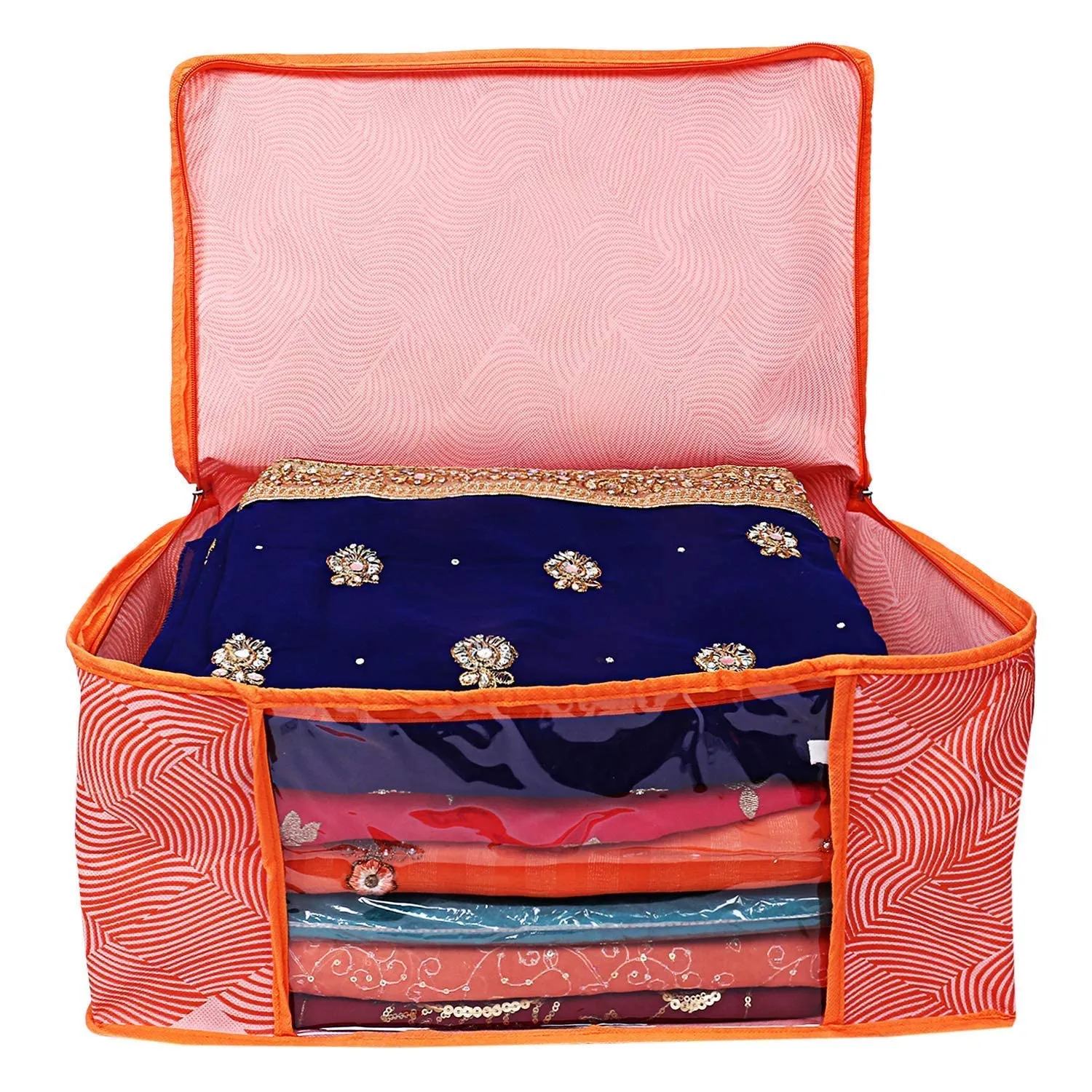 Heart Home Lahariya Design Non-woven Sarees, Clothes Cover/Organizer With Transparent Window- Pack of 3 (Orange)-44HH0378