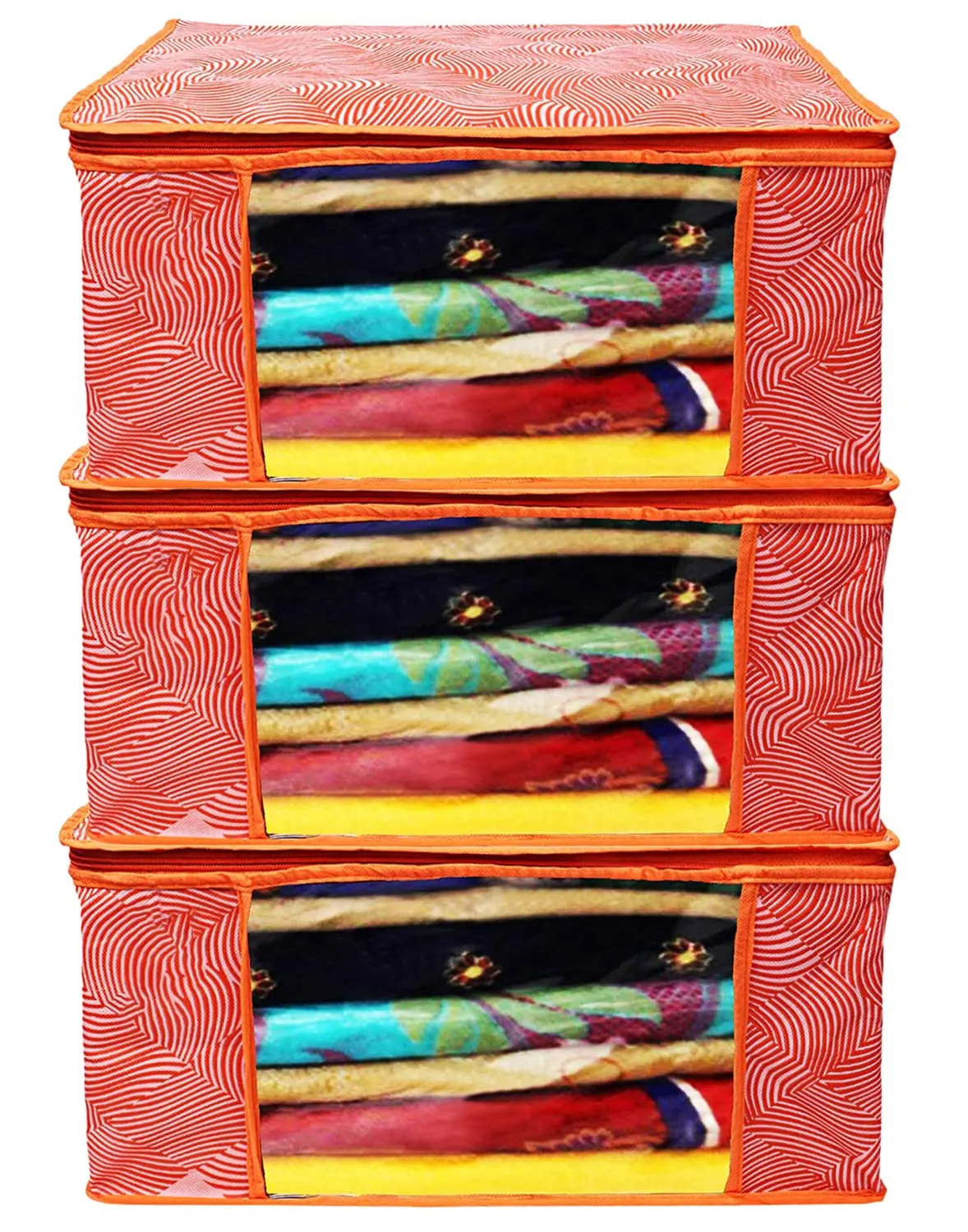 Heart Home Lahariya Design Non-woven Sarees, Clothes Cover/Organizer With Transparent Window- Pack of 3 (Orange)-44HH0378