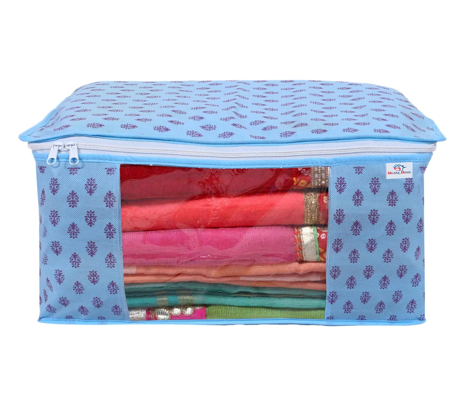 Heart Home Non-Woven Floral Print 3 Pieces Underbed Storage Bag & 3 Pieces Saree Cover With Transparent Window, Pack of 6 (Sky Blue)