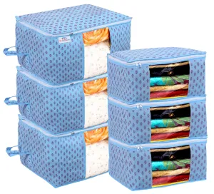 Heart Home Non-Woven Floral Print 3 Pieces Underbed Storage Bag & 3 Pieces Saree Cover With Transparent Window, Pack of 6 (Sky Blue)