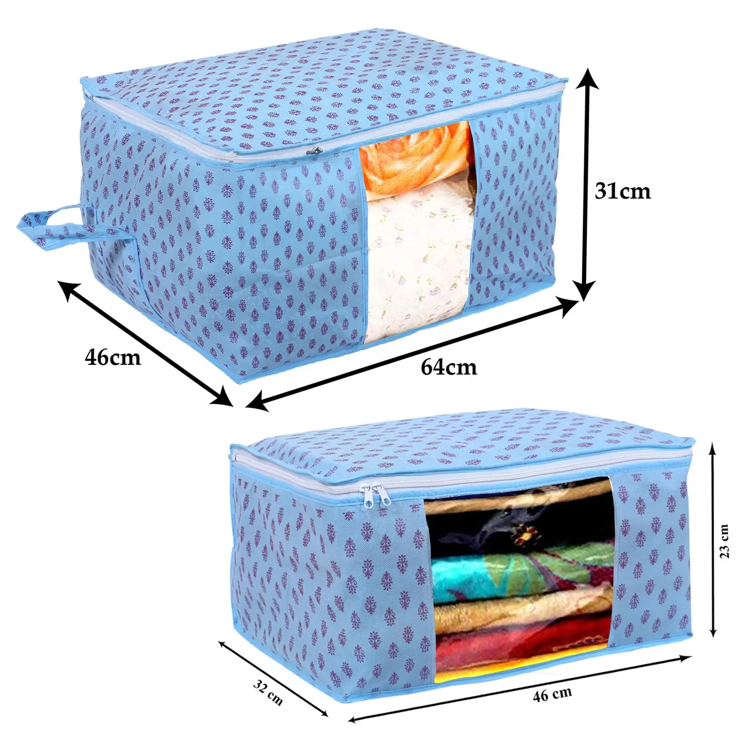 Heart Home Non-Woven Floral Print 3 Pieces Underbed Storage Bag & 3 Pieces Saree Cover With Transparent Window, Pack of 6 (Sky Blue)