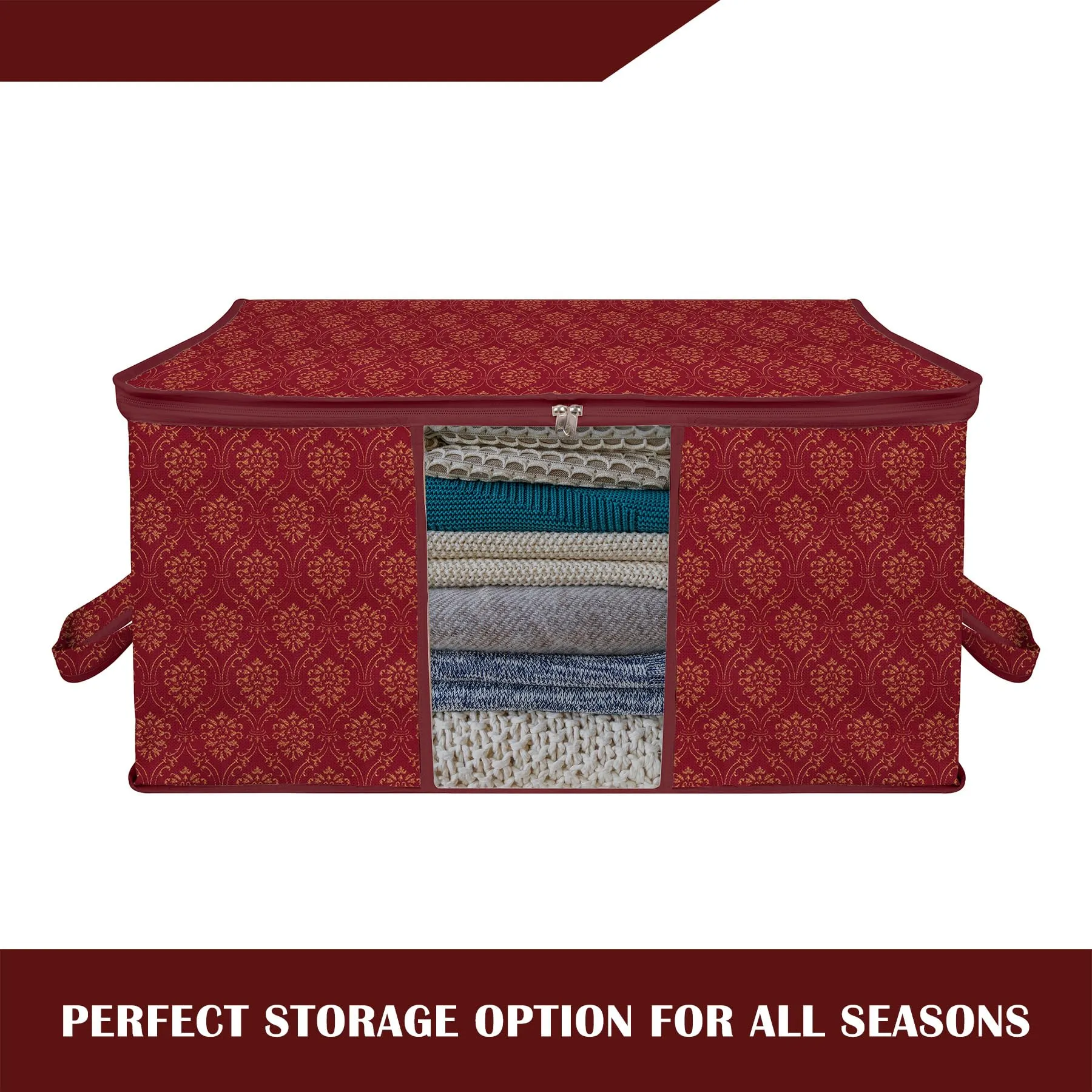 Heart Home Underbed Storage Bag|Clothes Storage Organizer|Clear Window Blanket Cover|Cloth Organizer with Handle|Golden Printed-Design|Large|Pack of 2|Maroon