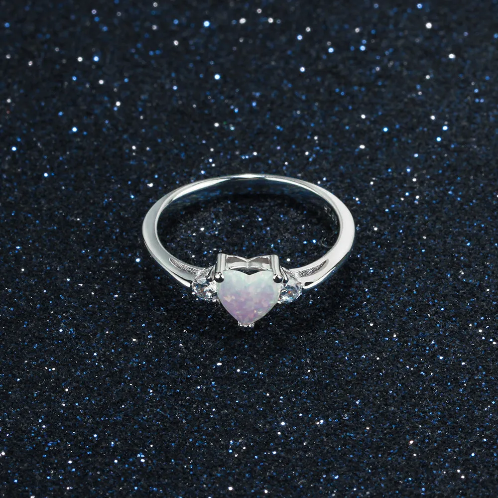 Heart Shape Opal with Two Small Zircon Sterling Silver Ring