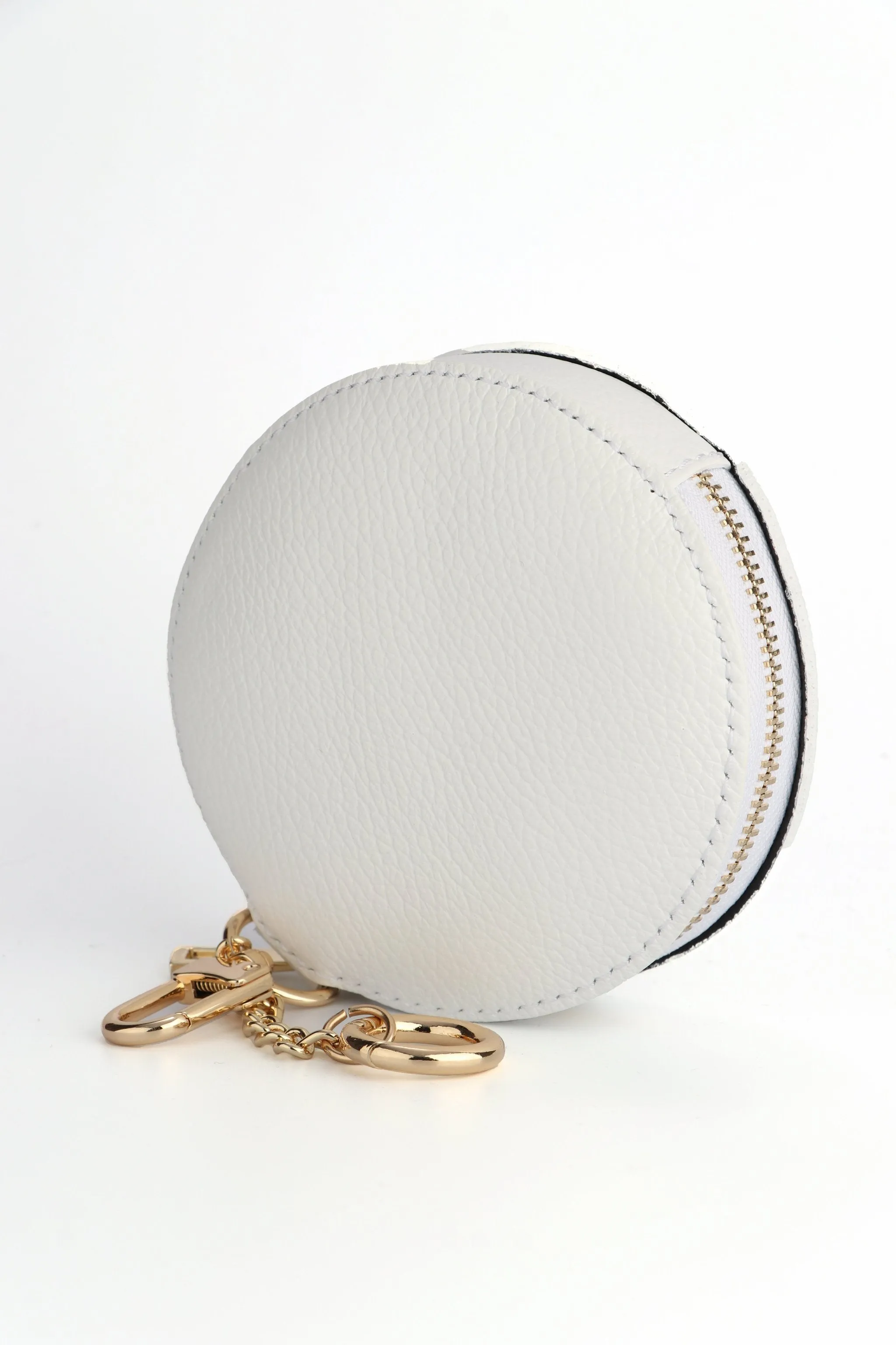 Italian Leather Round Clip-On Coin Purse in White