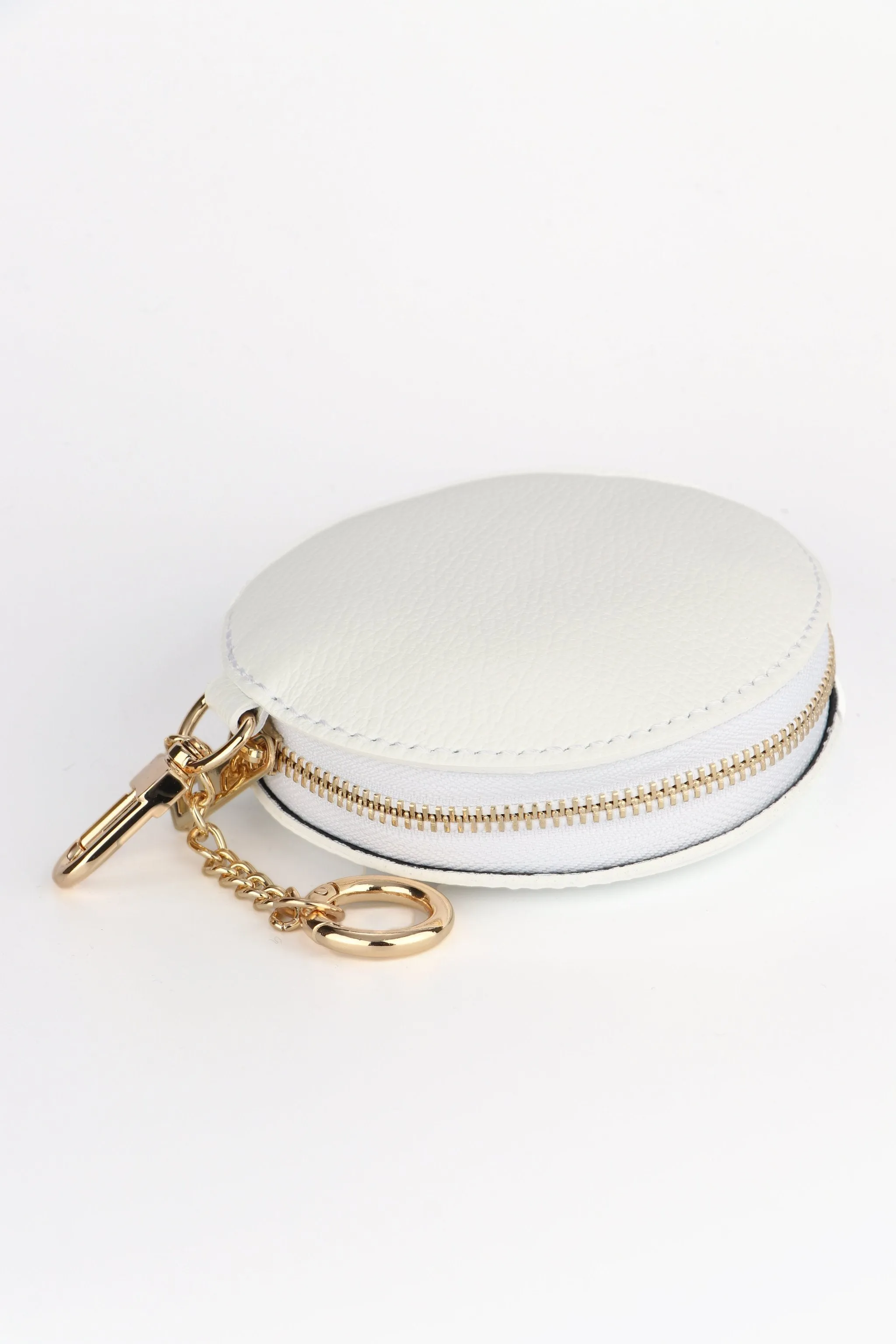 Italian Leather Round Clip-On Coin Purse in White