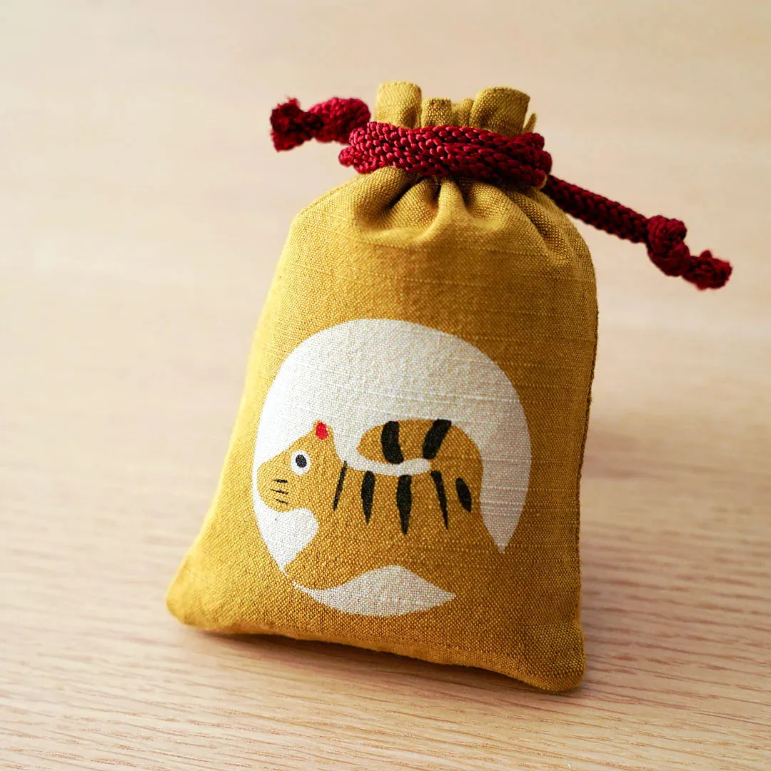 Katazome Small Talisman Bag - Tiger -,  Drawstring Pouch,  Japanese traditional craft bag