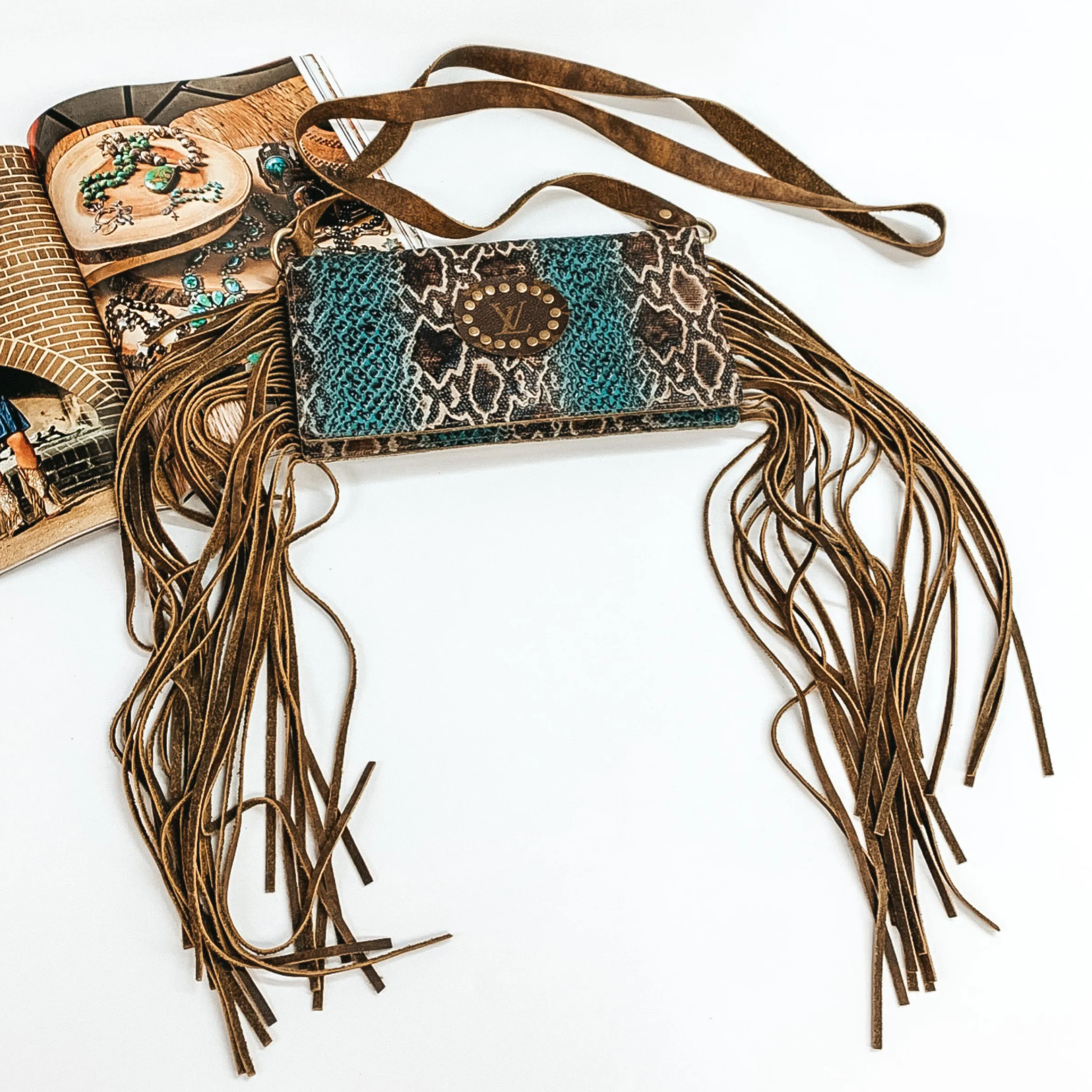 Keep It Gypsy | Rectangle Turquoise Snake Print Purse in Genuine Leather with Leather Fringe