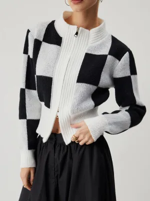 Knit Colorblock Graceful Checkered Zippered Cardigan