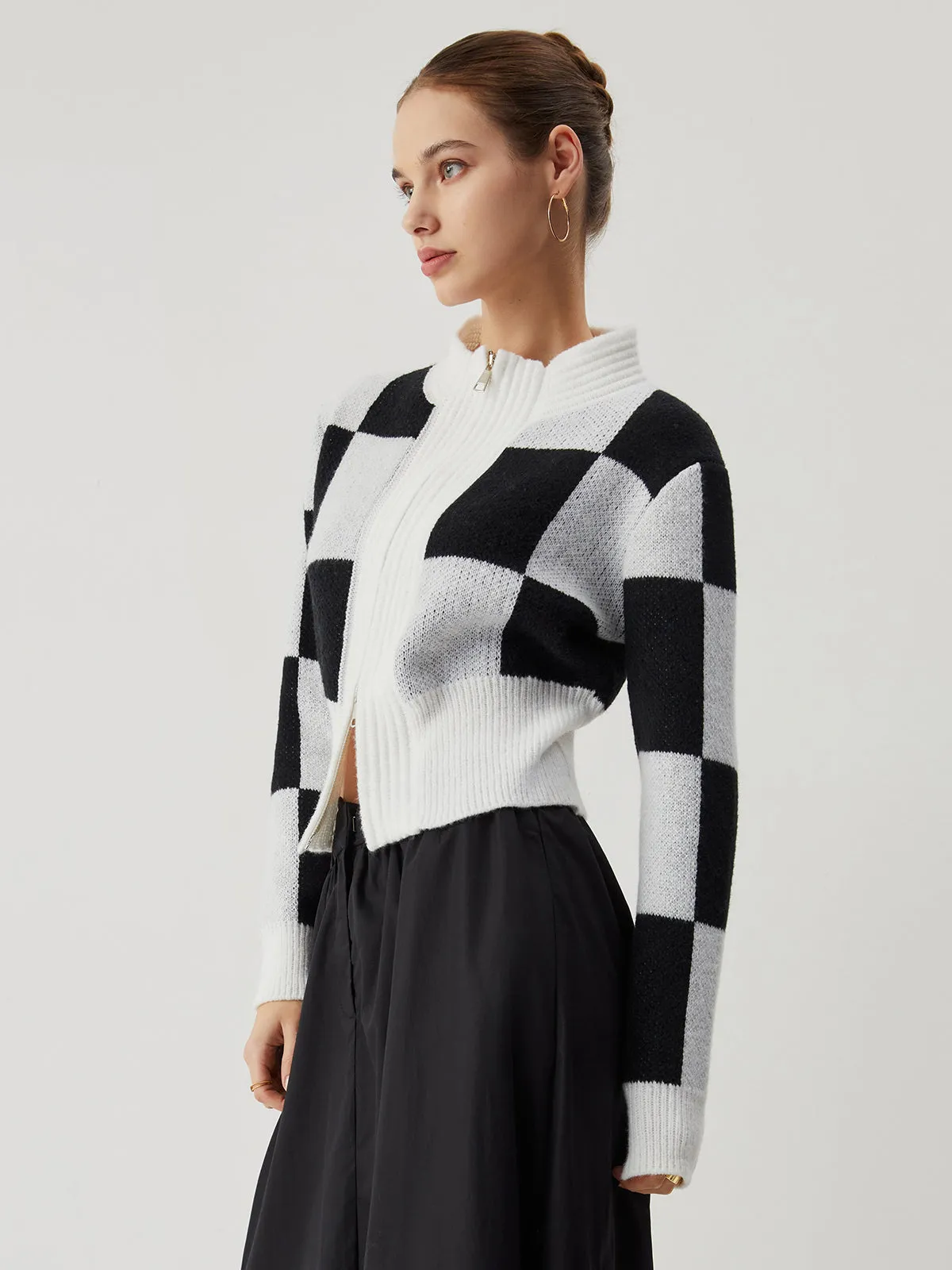 Knit Colorblock Graceful Checkered Zippered Cardigan