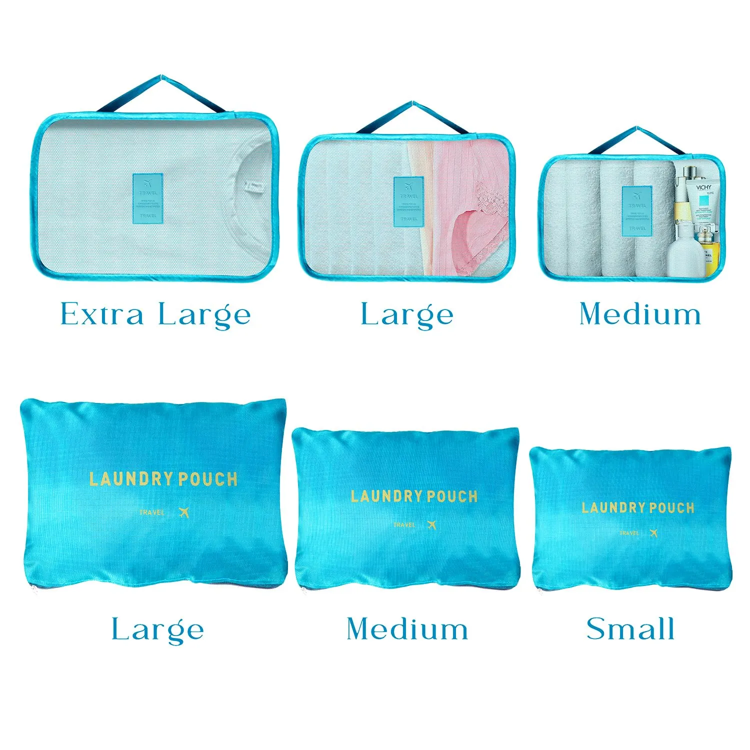 Kuber Industries 24 Pcs Travel Luggage Bag | Toiletry Bag for Jewellery-Watches-Bracelets | Multi-Purpose Storage Bag with Handle | Travel Utility Storage Pouches | LYN16-BLE | Blue| Pack of 4