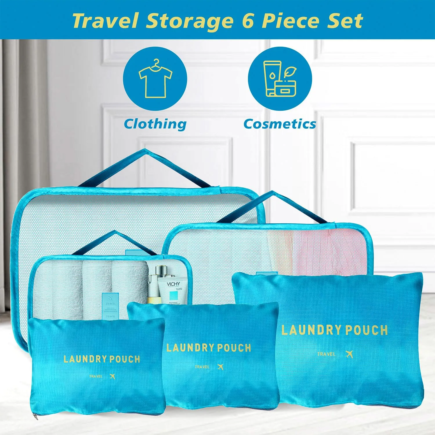 Kuber Industries 24 Pcs Travel Luggage Bag | Toiletry Bag for Jewellery-Watches-Bracelets | Multi-Purpose Storage Bag with Handle | Travel Utility Storage Pouches | LYN16-BLE | Blue| Pack of 4