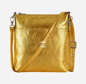 Ladies Slim Cross Body Bag Golden Shiny Leather Shoulder Travel Purse