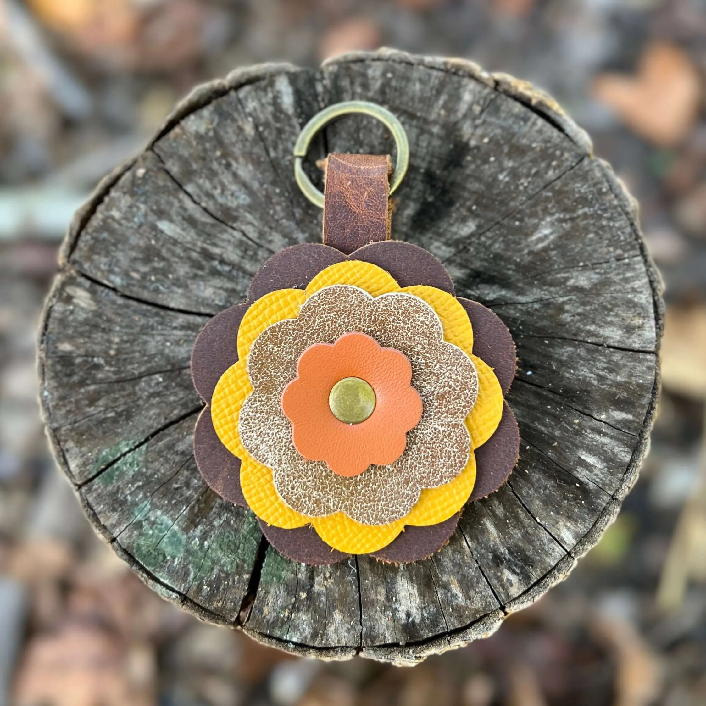 Leather Flower Bag Charm - Brown, Yellow and Orange