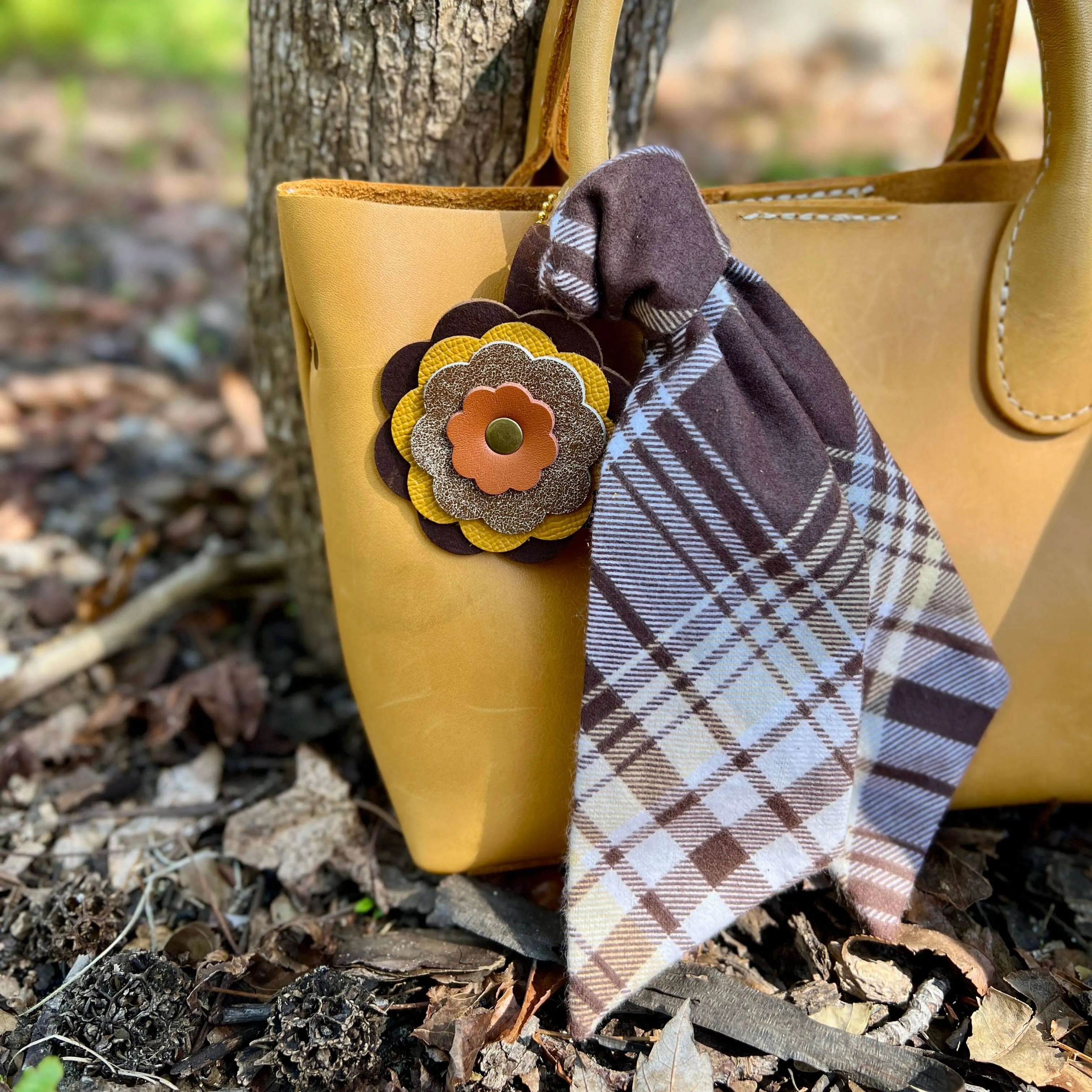 Leather Flower Bag Charm - Brown, Yellow and Orange