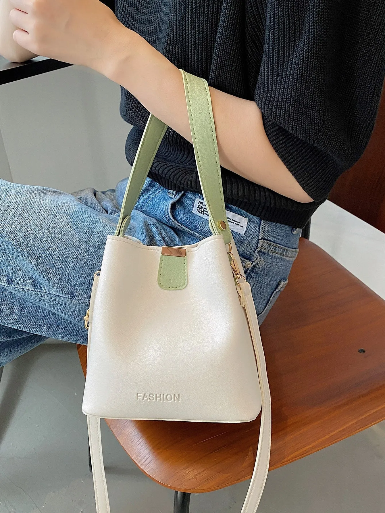 Letter Embossed Two Tone Shoulder Bag