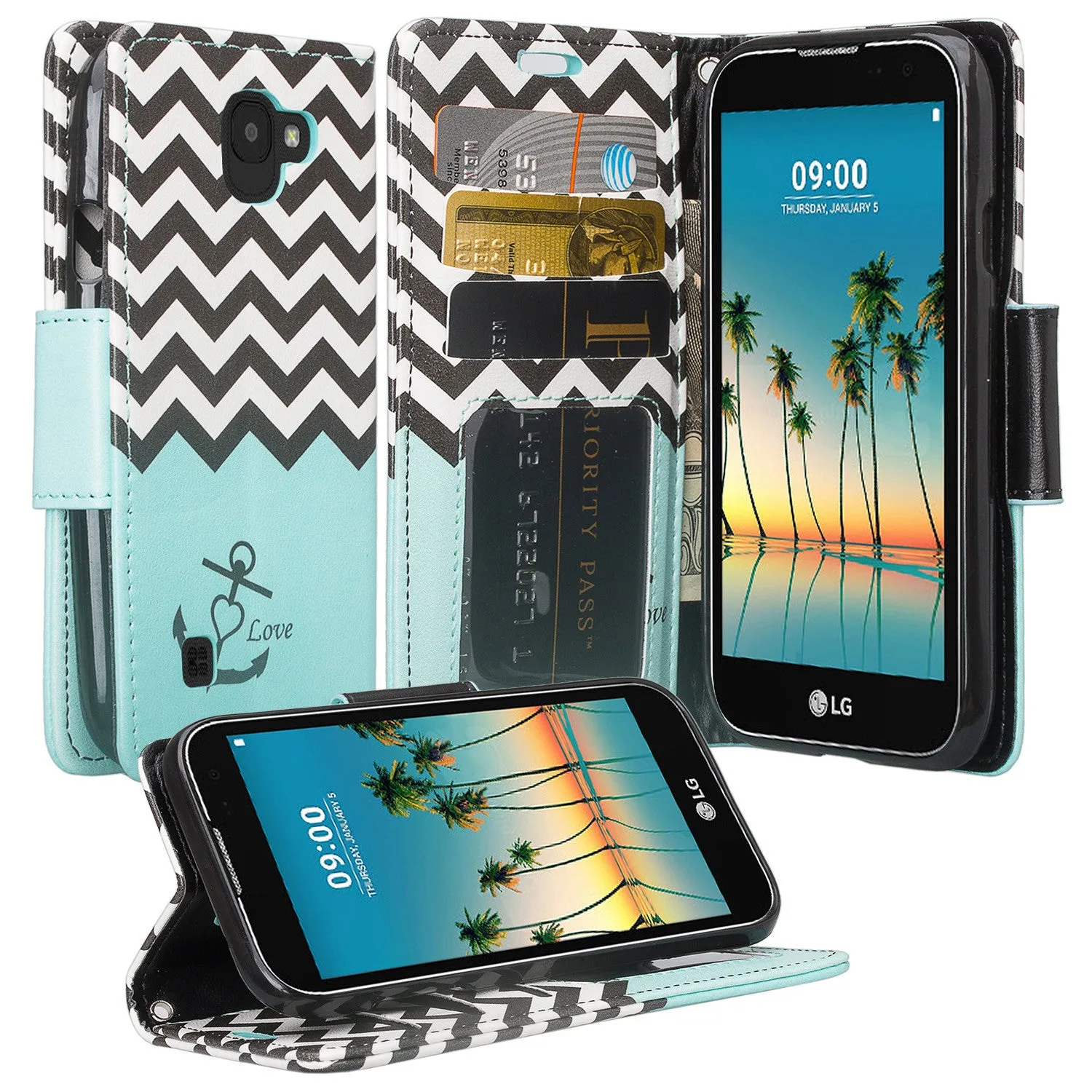 LG K3 (2017) Wallet Case, Wrist Strap Pu Leather Magnetic Flip Fold[Kickstand] with ID & Card Slots for LG K3 (2017)- Teal Anchor