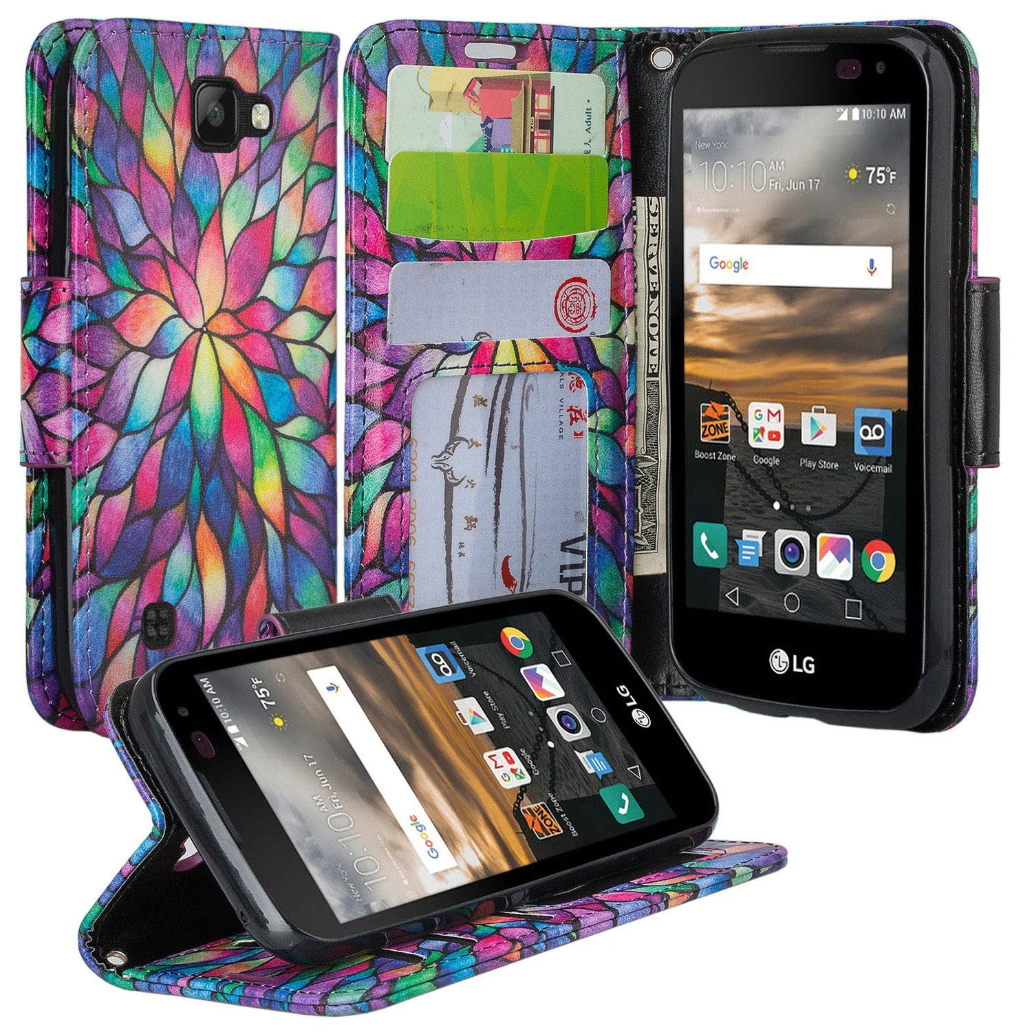 LG K3 Case,  Wrist Strap Pu Leather Magnetic Flip Fold[Kickstand] Wallet Case with ID & Card Slots for LG K3 - Rainbow Flower