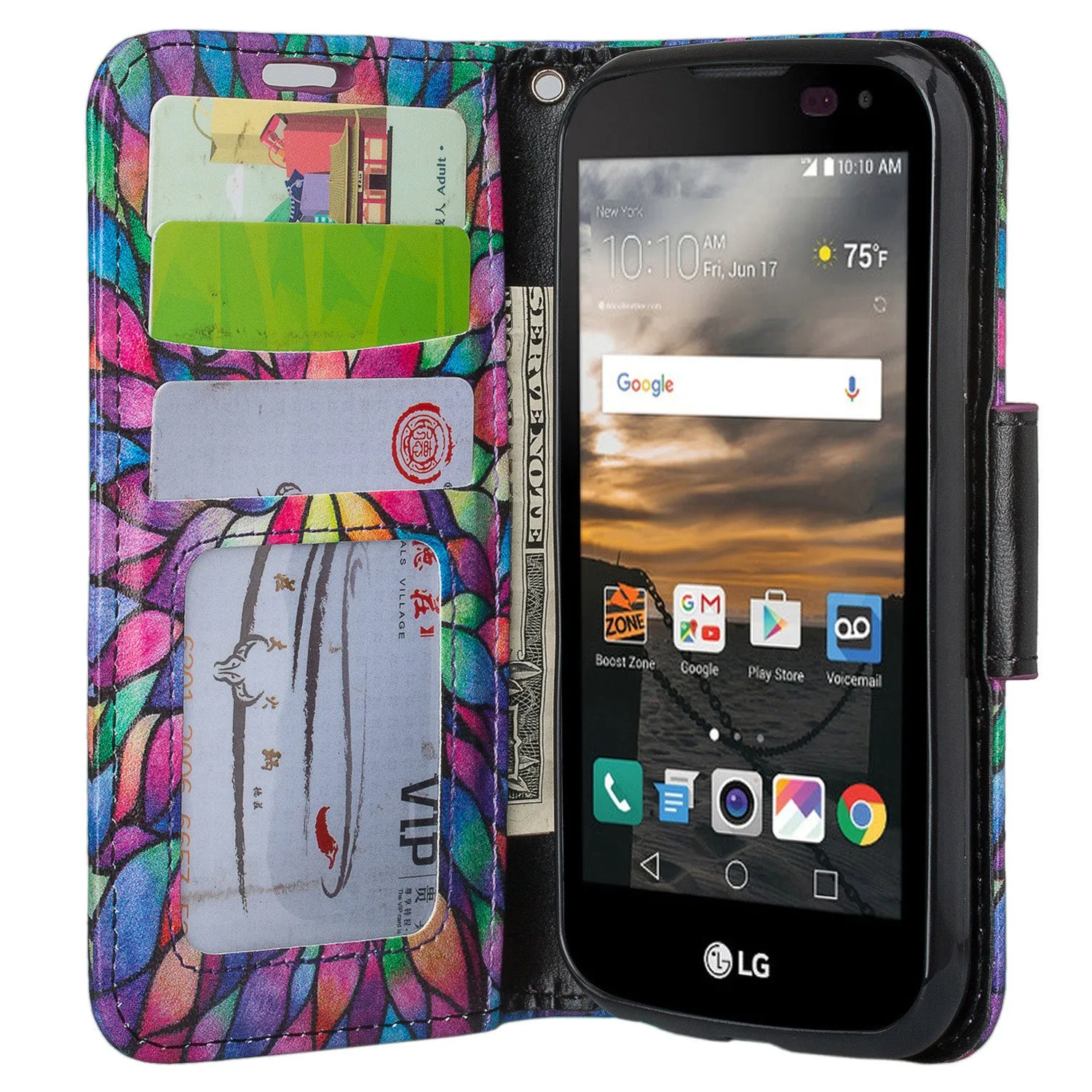 LG K3 Case,  Wrist Strap Pu Leather Magnetic Flip Fold[Kickstand] Wallet Case with ID & Card Slots for LG K3 - Rainbow Flower