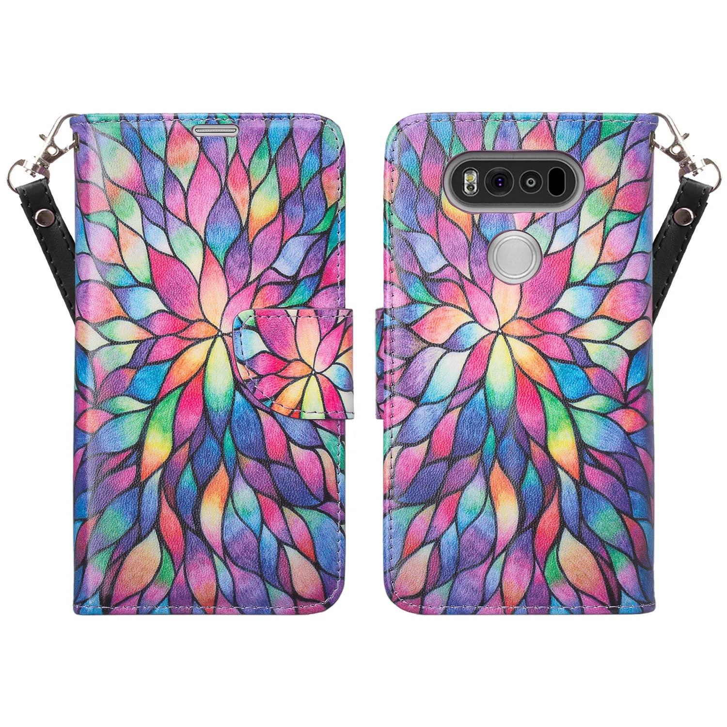 LG V20 Case, Wrist Strap Pu Leather Wallet Case with ID & Card Slots for LG V20 - Rainbow Flower