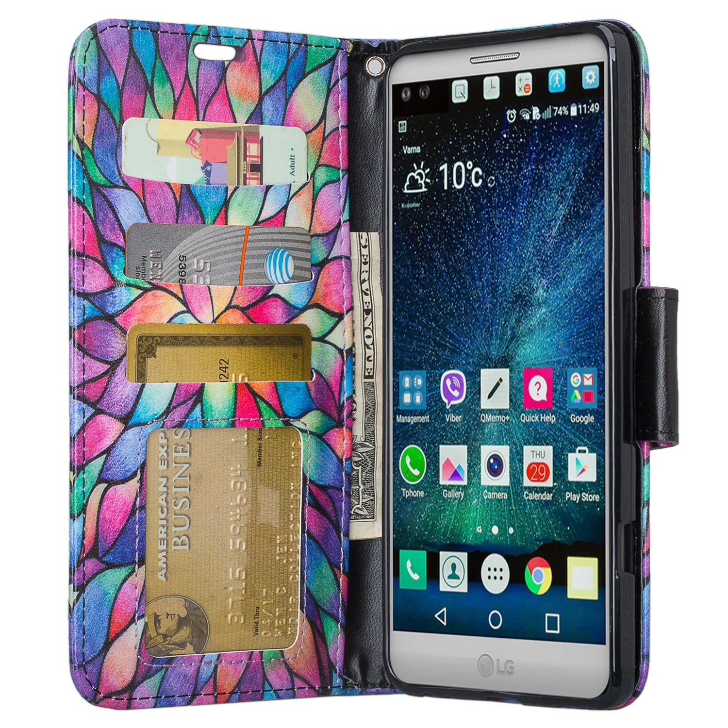 LG V20 Case, Wrist Strap Pu Leather Wallet Case with ID & Card Slots for LG V20 - Rainbow Flower