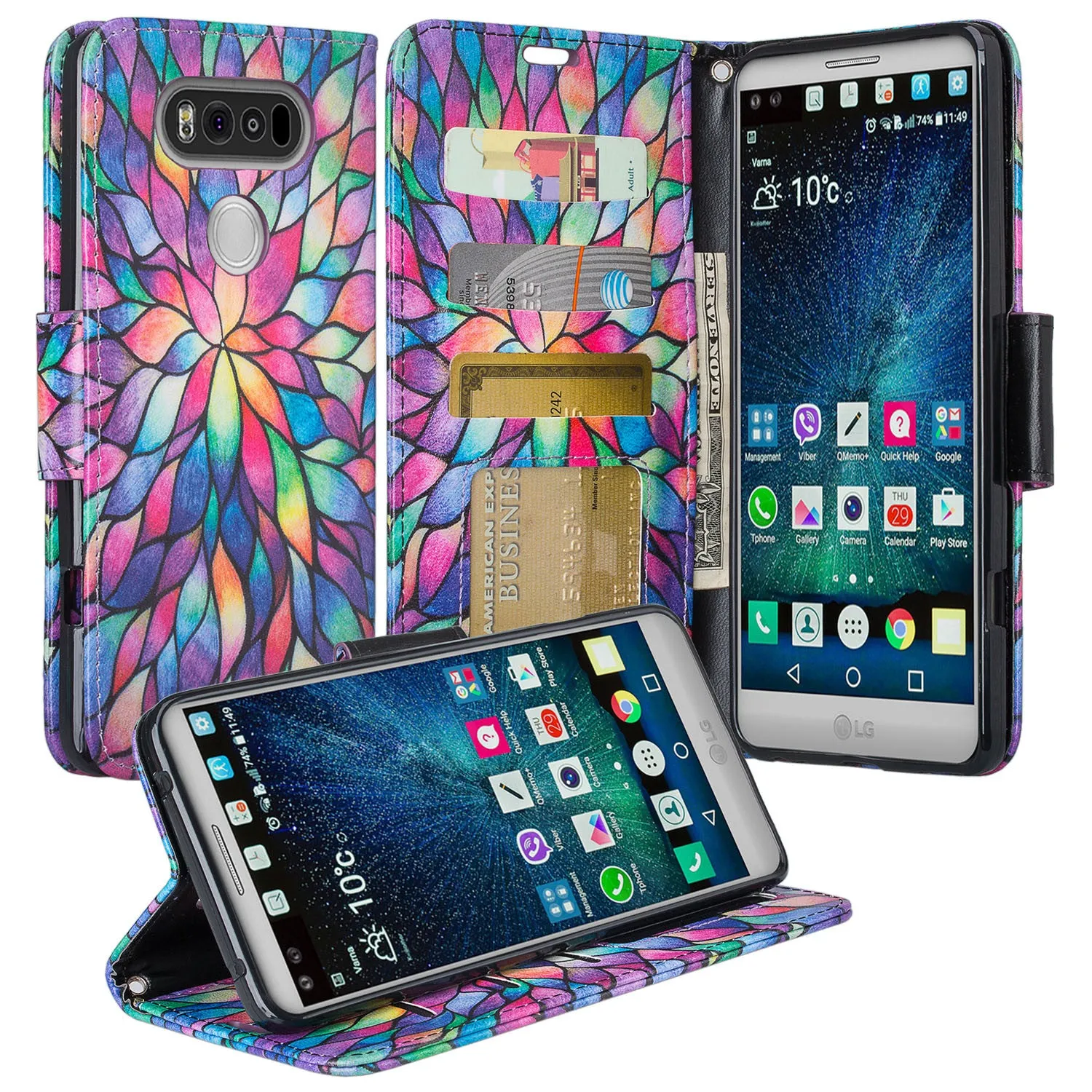 LG V20 Case, Wrist Strap Pu Leather Wallet Case with ID & Card Slots for LG V20 - Rainbow Flower