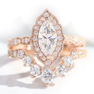 Marquise Diamond Vintage Halo Ring w/ Lab Diamond and Large 7 Stone Wedding Band