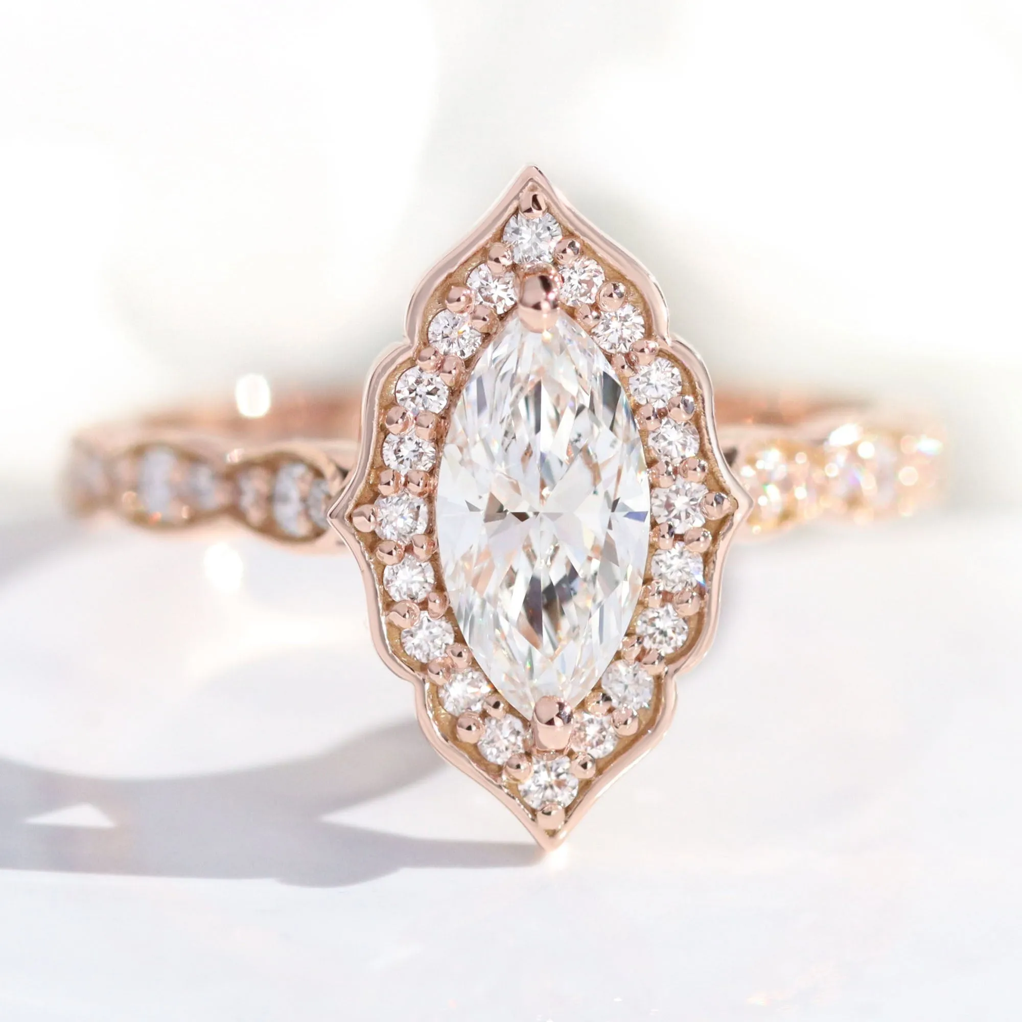 Marquise Diamond Vintage Halo Ring w/ Lab Diamond and Large 7 Stone Wedding Band