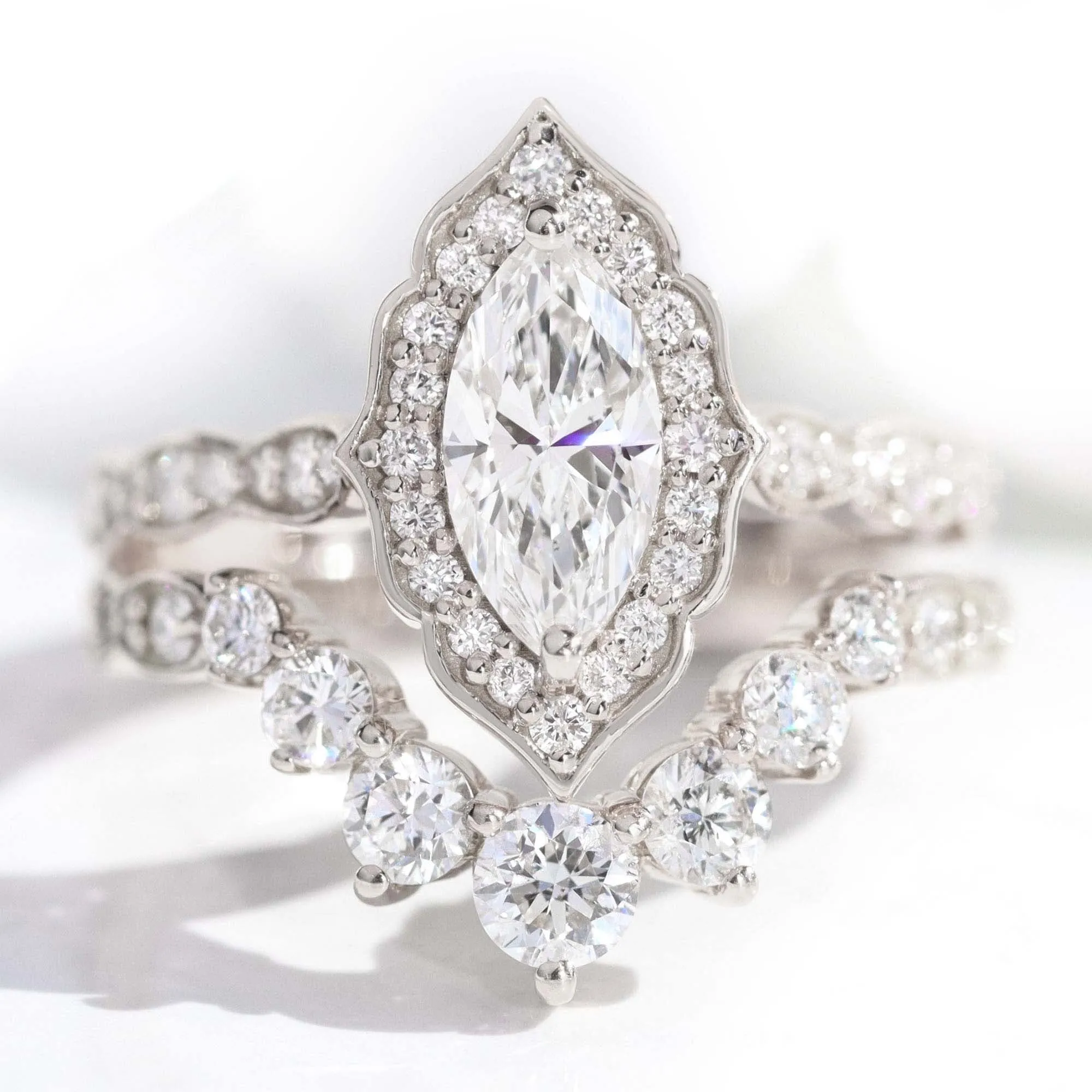 Marquise Diamond Vintage Halo Ring w/ Lab Diamond and Large 7 Stone Wedding Band