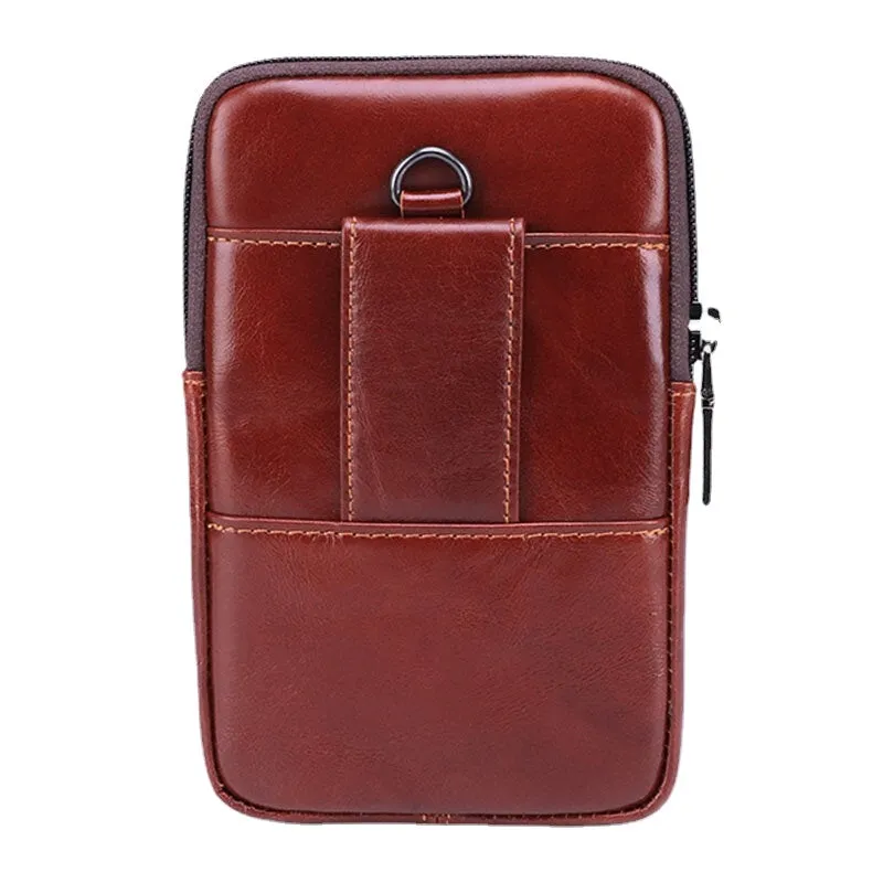 Men Flap-Over Front Zipper Pocket Belt Bag Sport Casual 6.3 Inch Phone Genuine Leather Waist