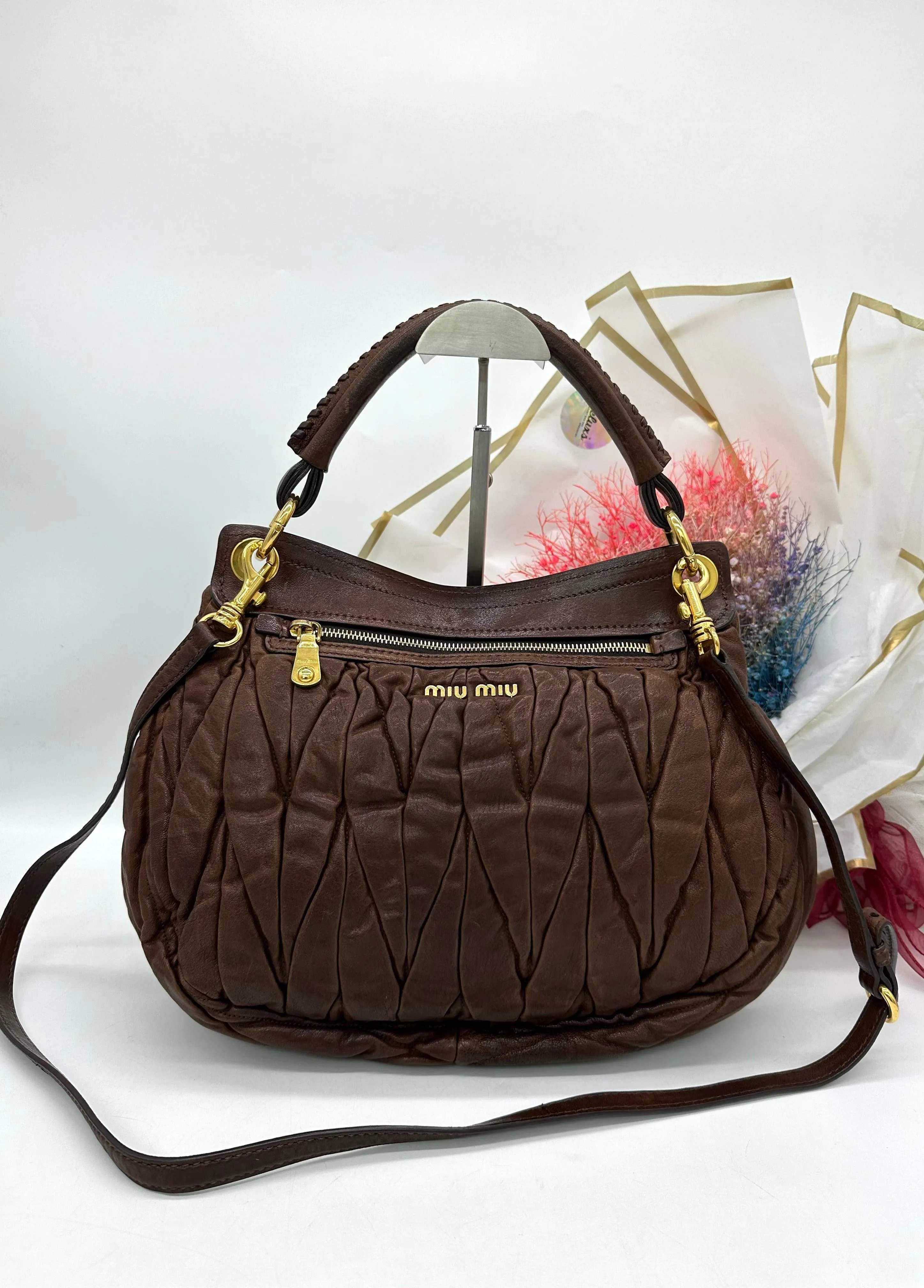 MIU MIU Brown Matelasse Lux Leather Coffer Hobo