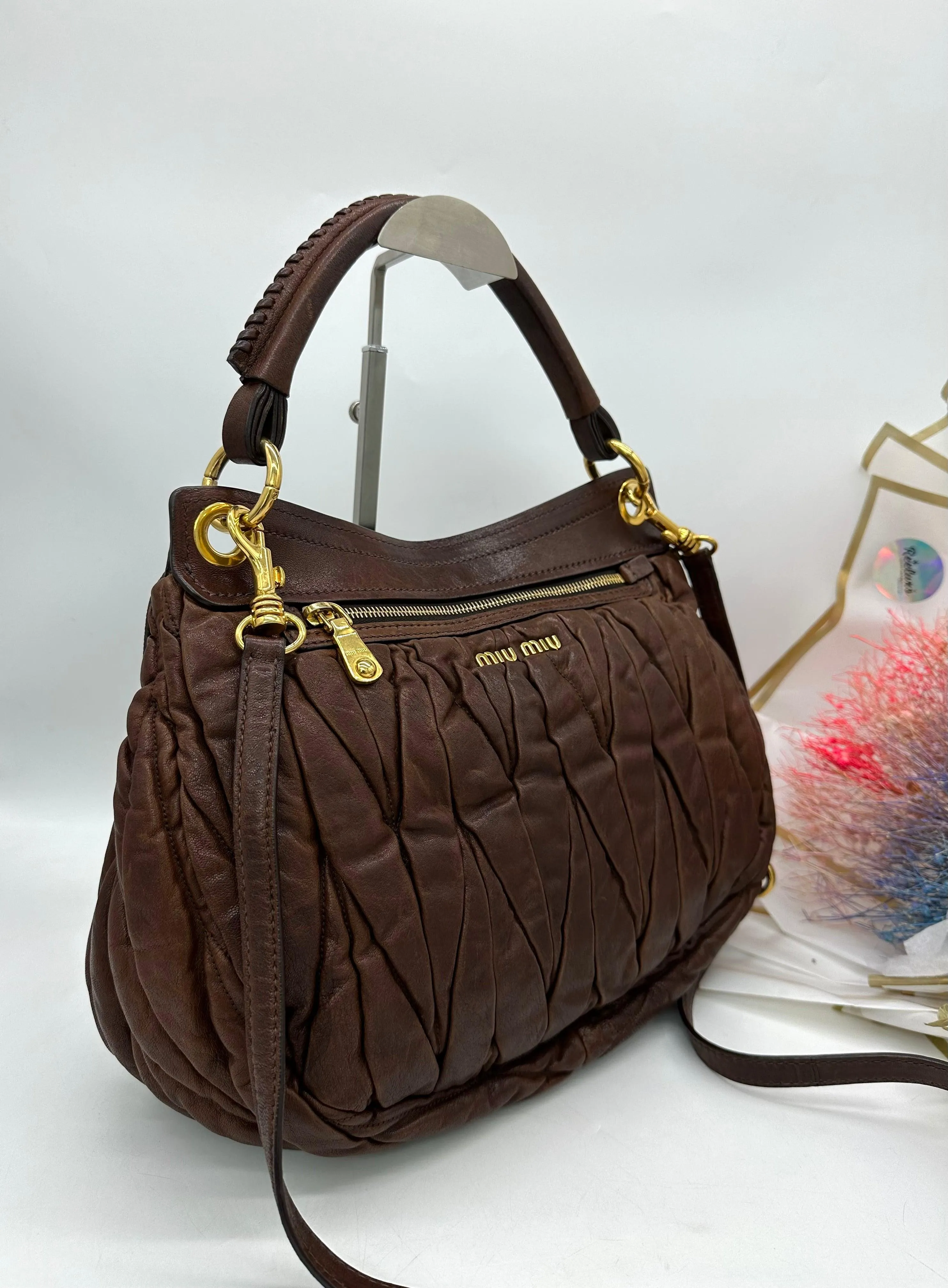 MIU MIU Brown Matelasse Lux Leather Coffer Hobo