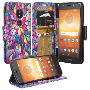 Motorola Moto E5 Plus Case, Moto E5 Cruise Wallet Case, Wrist Strap Pu Leather Wallet Case [Kickstand] with ID & Credit Card Slots - Rainbow Flower