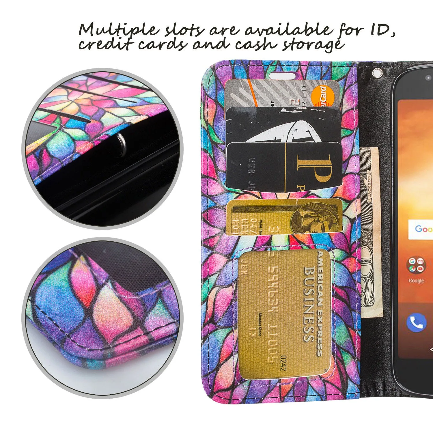 Motorola Moto E5 Plus Case, Moto E5 Cruise Wallet Case, Wrist Strap Pu Leather Wallet Case [Kickstand] with ID & Credit Card Slots - Rainbow Flower