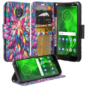 Motorola Moto G6 | Moto G6 2018 Case, Moto G6 | Moto G6 2018 Wallet Case, Wrist Strap Pu Leather Wallet Case [Kickstand] with ID & Credit Card Slots - Rainbow Flower