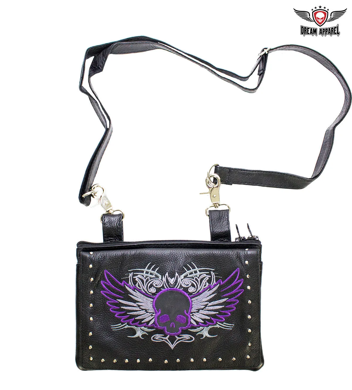 Naked Cowhide Leather Purple Skull Gun Holster Belt Bag with Studs