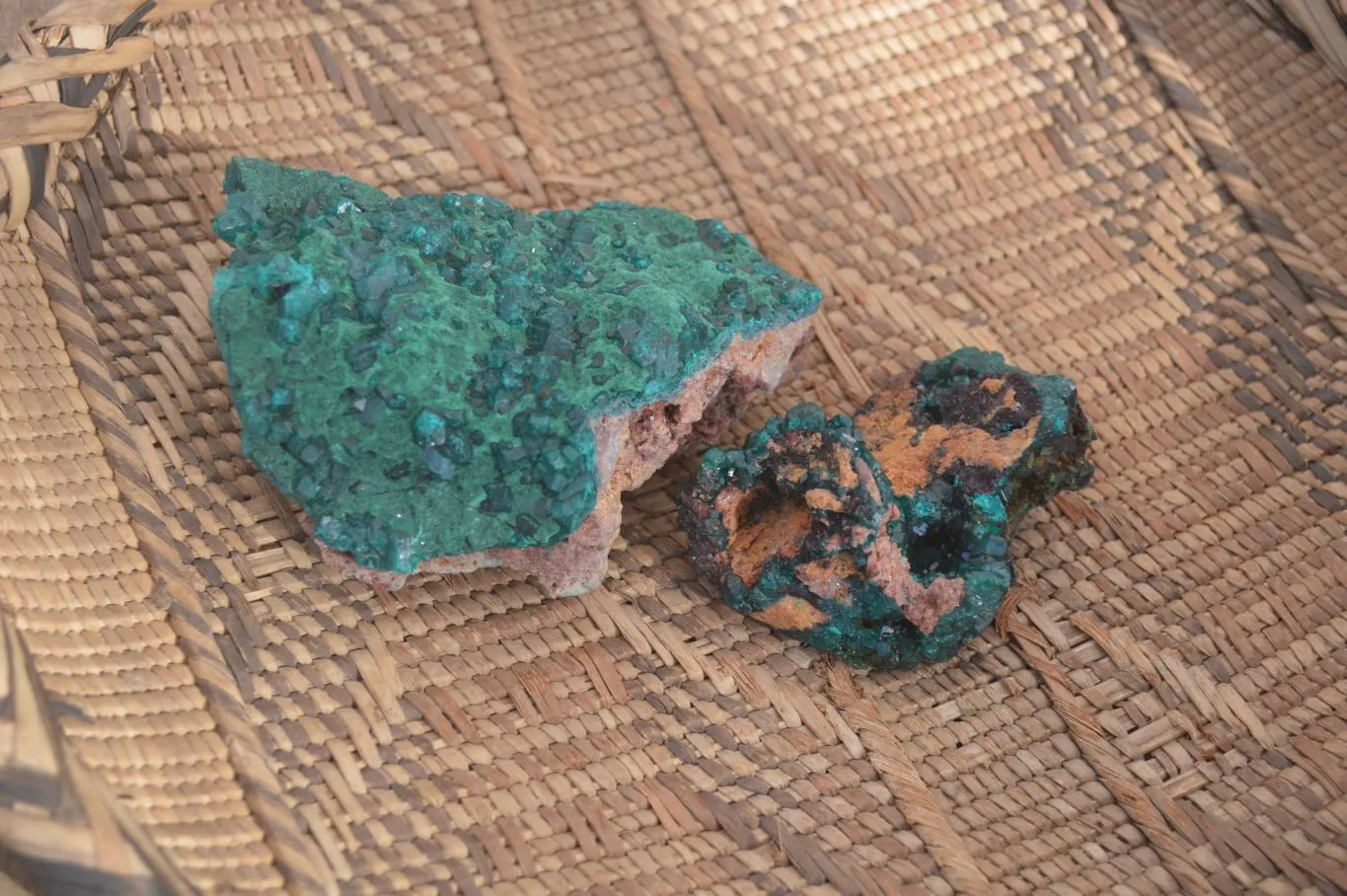 Natural Large Dioptase With Malachite Specimens x 2 From Likasi, Congo