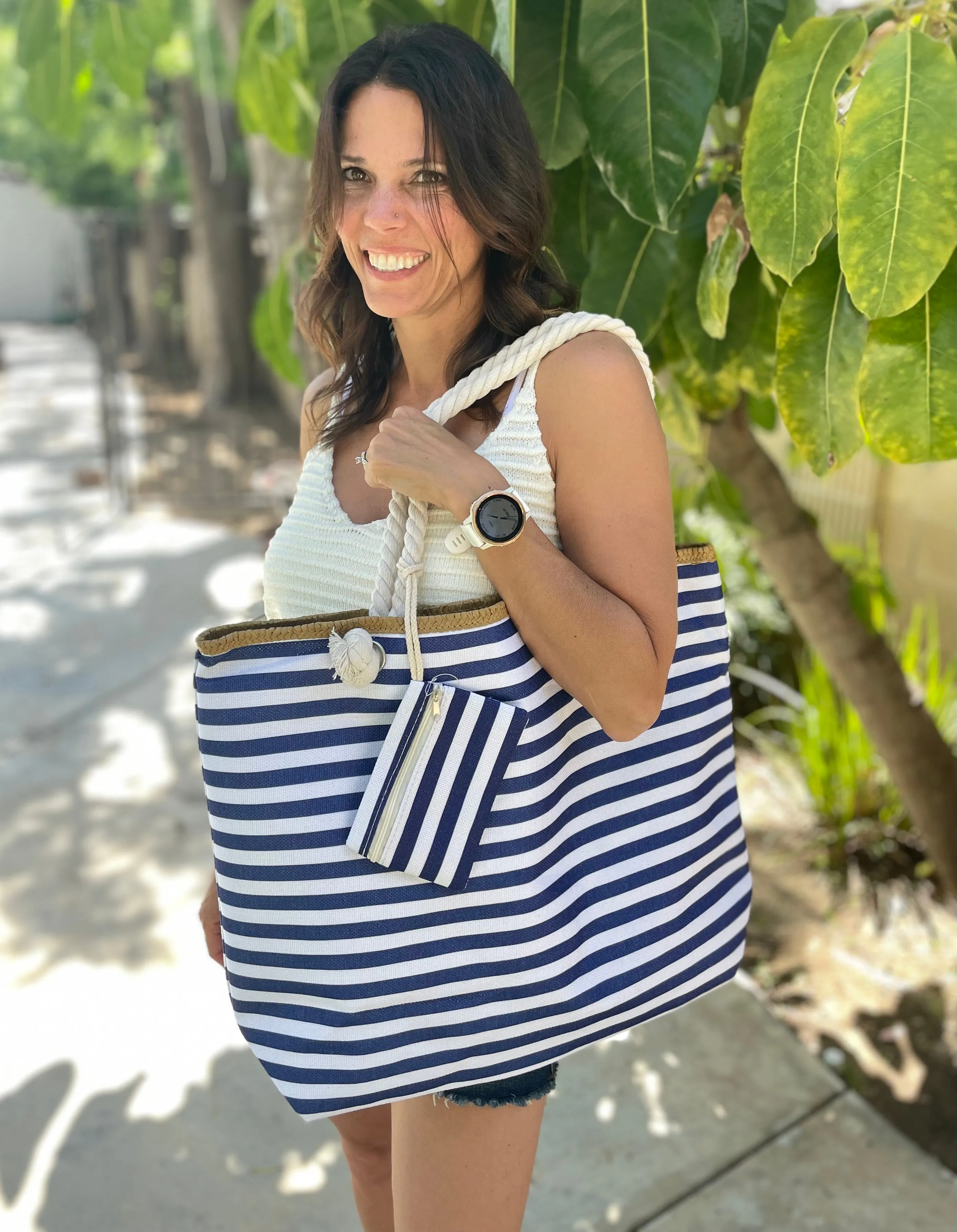 Navy Stripe Large Tote Bag w/Coin Purse and Rope Straps