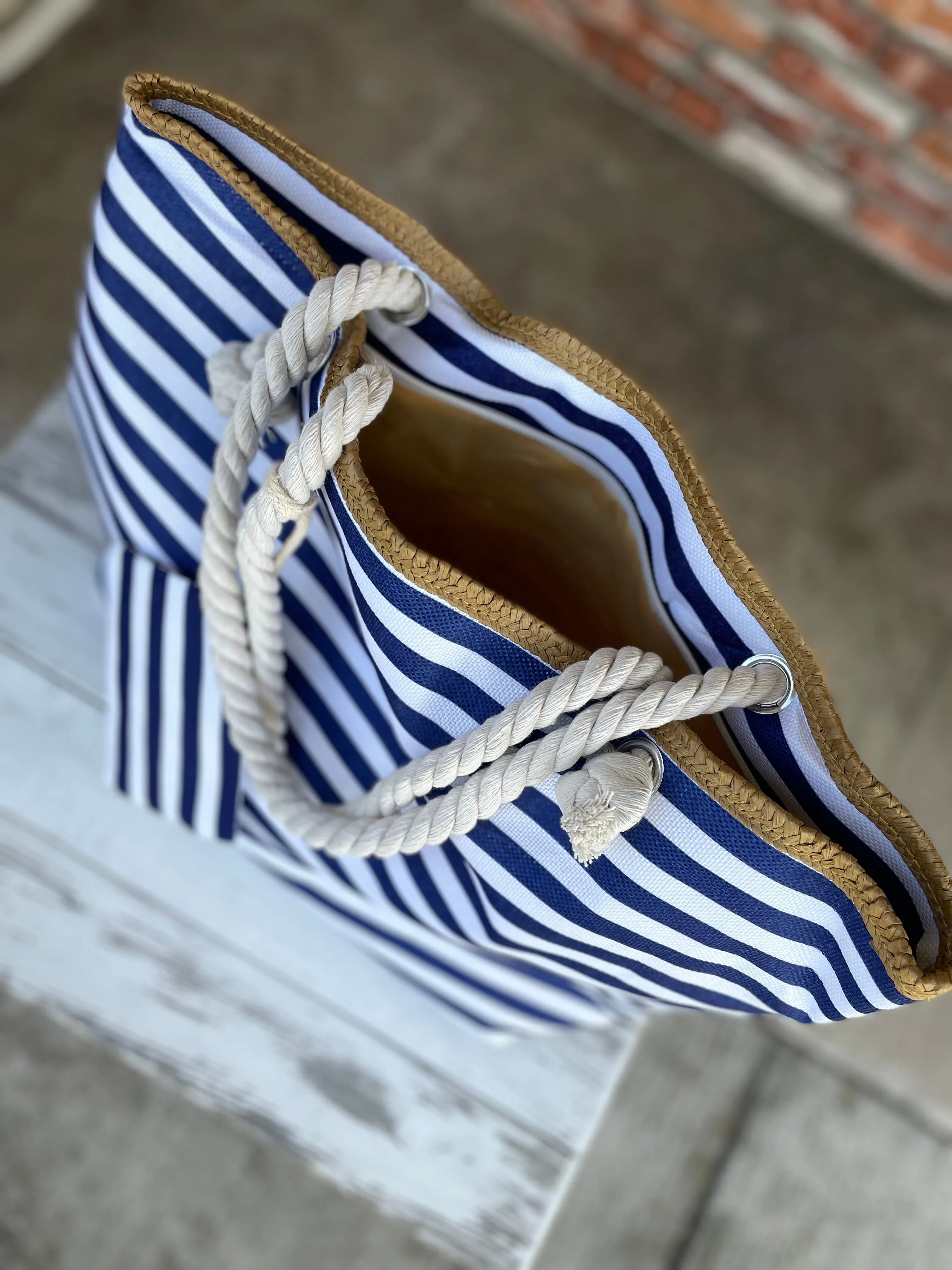 Navy Stripe Large Tote Bag w/Coin Purse and Rope Straps