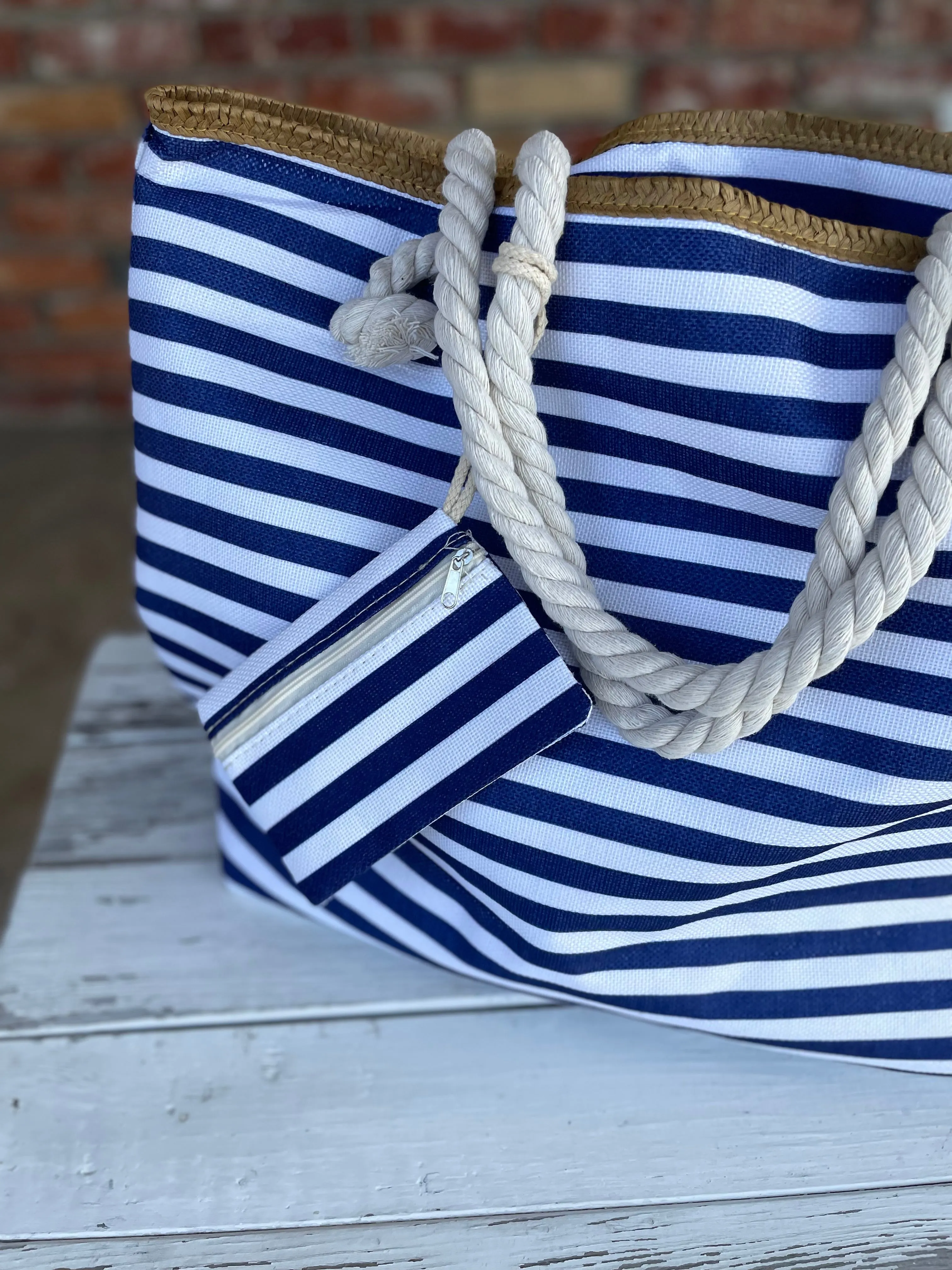 Navy Stripe Large Tote Bag w/Coin Purse and Rope Straps