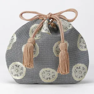 Nishijin-ori Small Drawstring Bag - Wheel-shaped Treasure / Gray -,  Made in Kyoto, Japan,  Japanese traditional craft purse