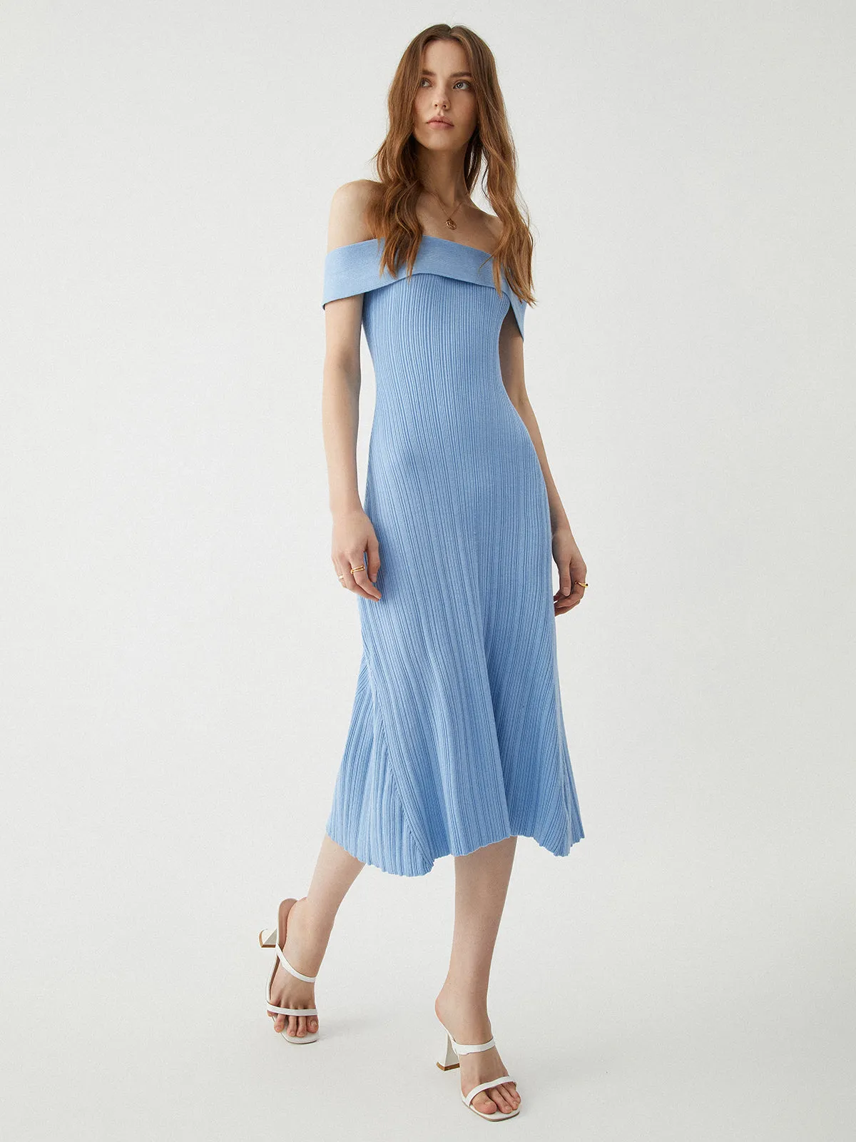 Off-Shoulder Ribbed Graceful Midi Sweater Dress