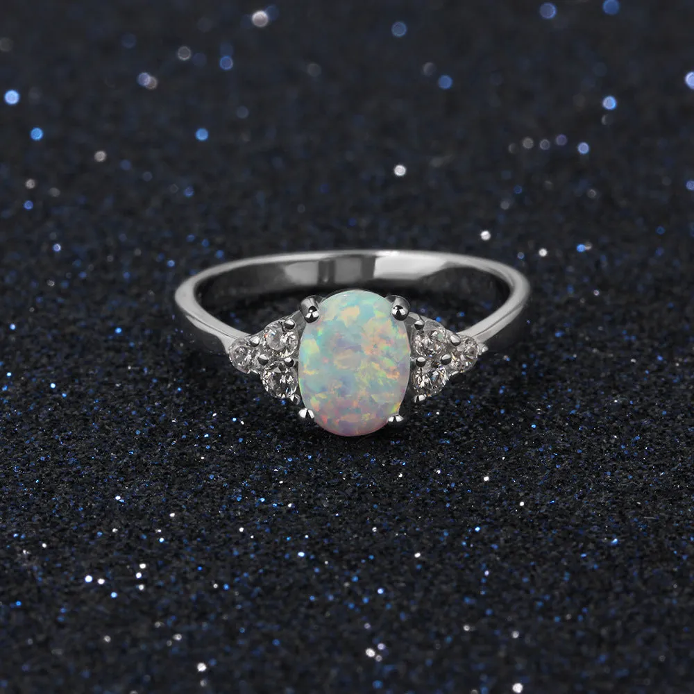 Oval Opal with Six Small Zircon Silver Sterling Ring