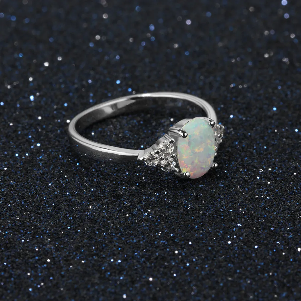 Oval Opal with Six Small Zircon Silver Sterling Ring