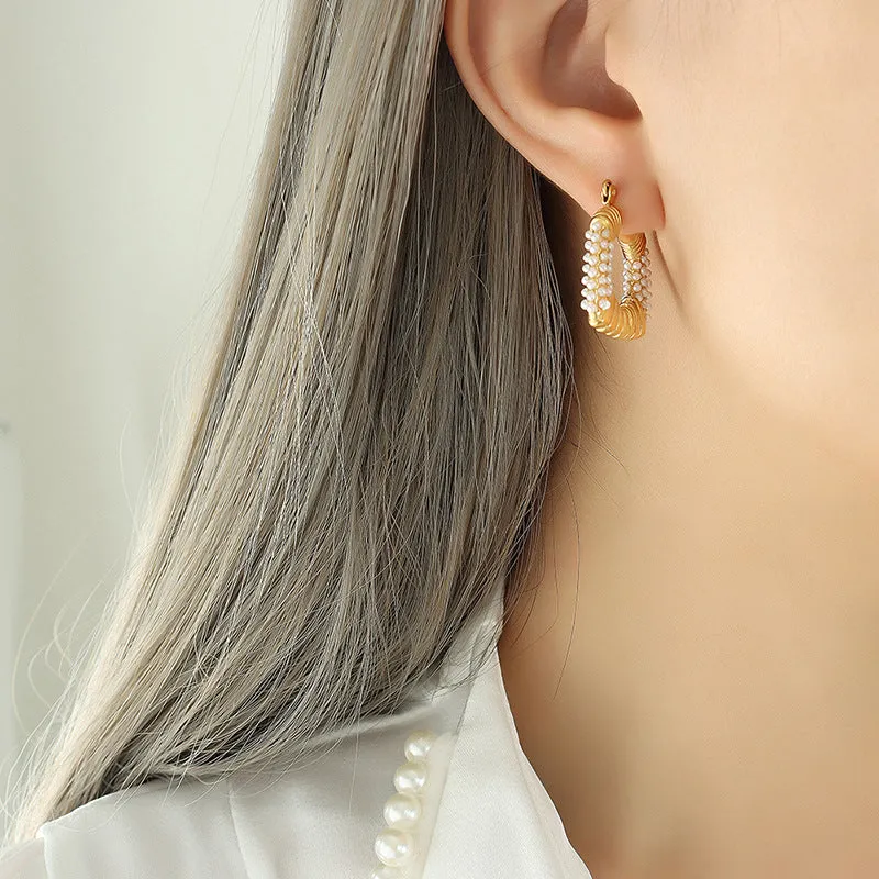 Pearl Adorned Geometric Earrings with a U-Shaped Design