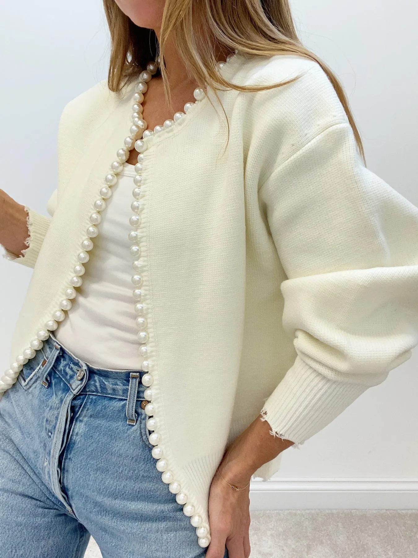 Pearl Trim Graceful Ripped Hem Cardigan