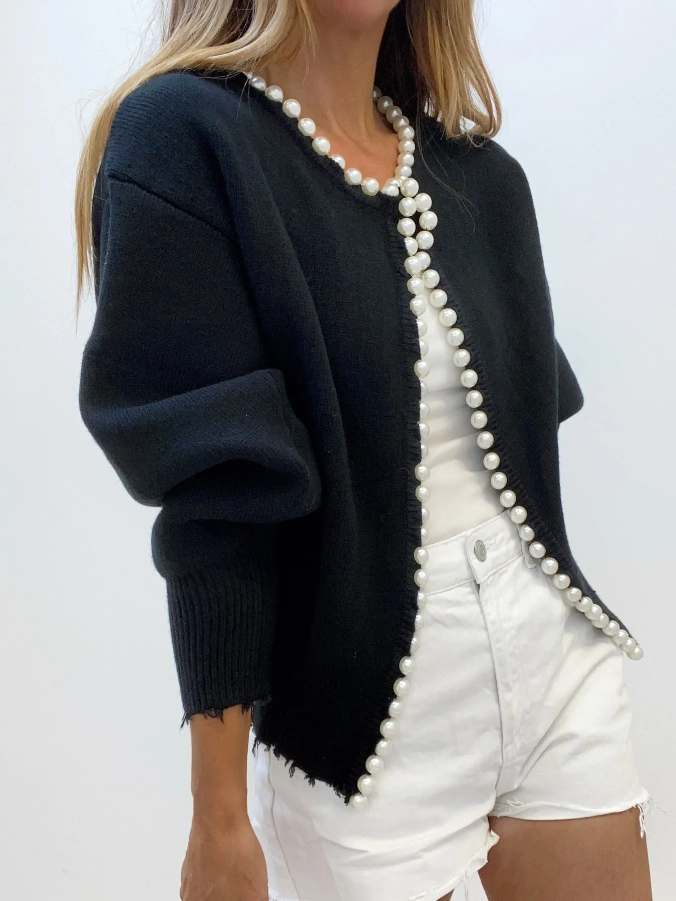 Pearl Trim Graceful Ripped Hem Cardigan