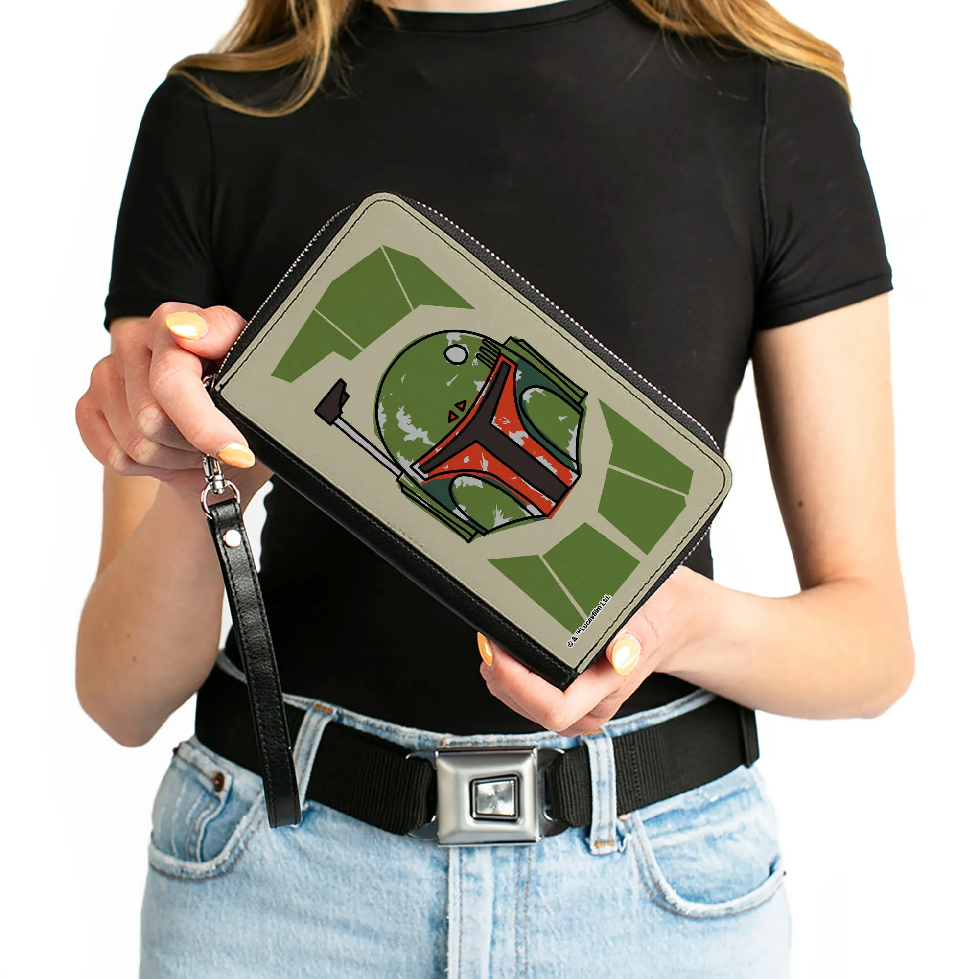 PU Zip Around Wallet Rectangle - Star Wars Boba Fett Helmet Bounding Greens