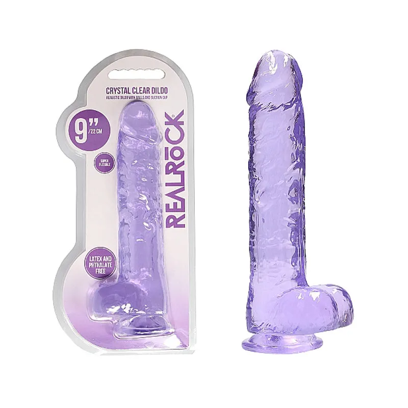 RealRock Crystal Clear Realistic 9 in. Dildo With Balls and Suction Cup Purple